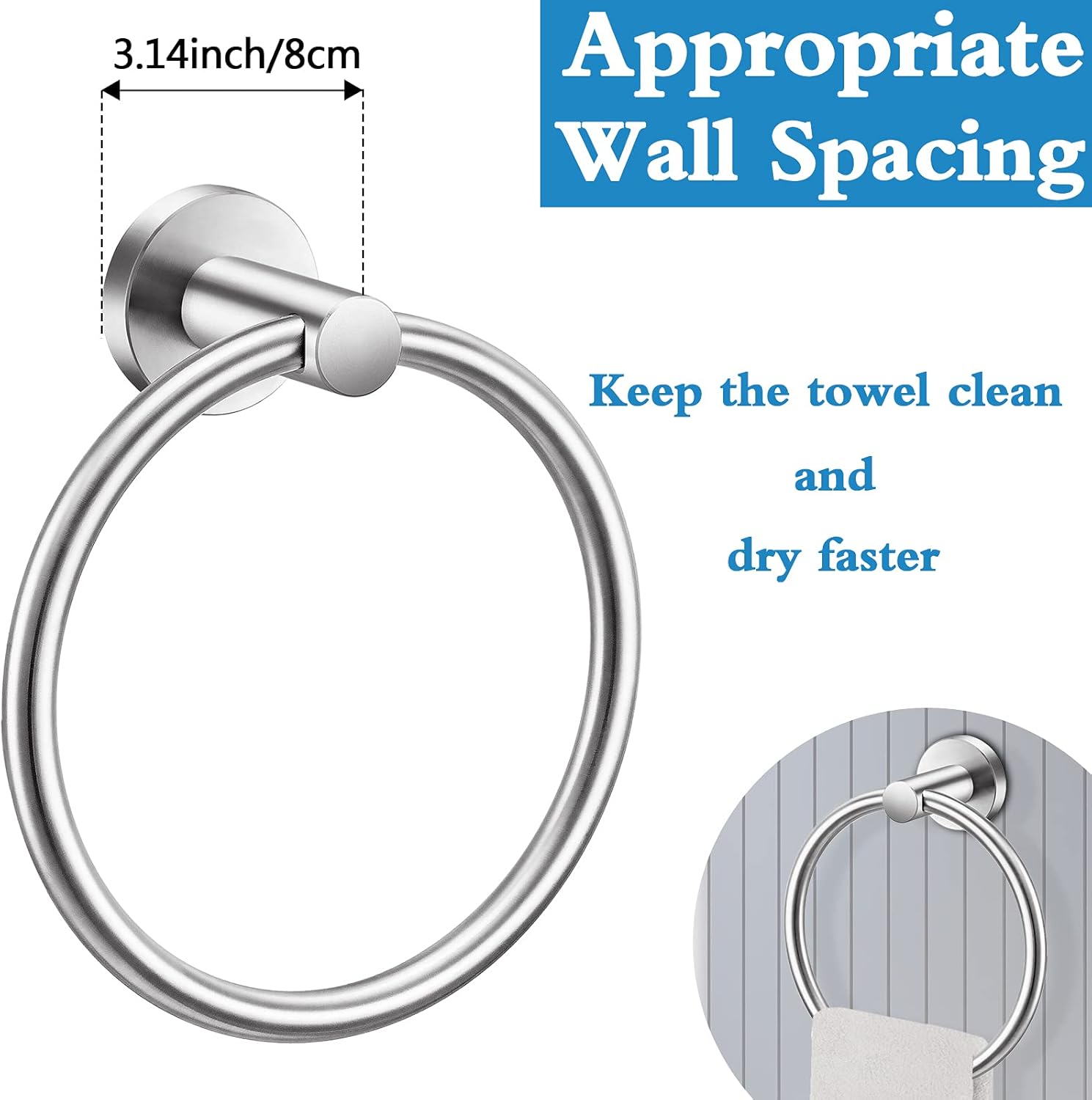 Pynsseu Hand Towel Ring, Brushed Nickel SUS 304 Stainless Steel Towel Holder Hangers, Wall Mount Towel Rack for Bathroom Kithen