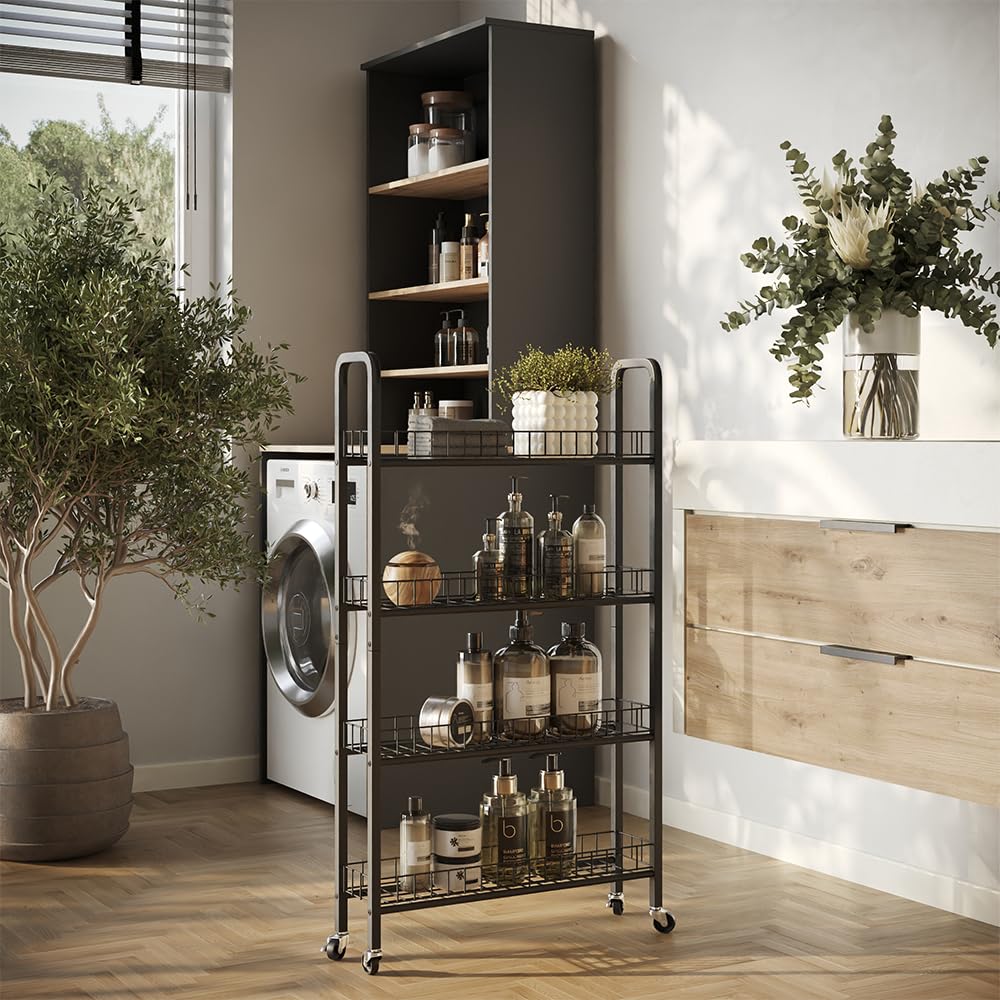 Vicco Rollregal Rolivo, Schwarz, 58 x 15 cm mit 4 Fächern, auf Rollen flexibel positionierbar für schmale Stellflächen