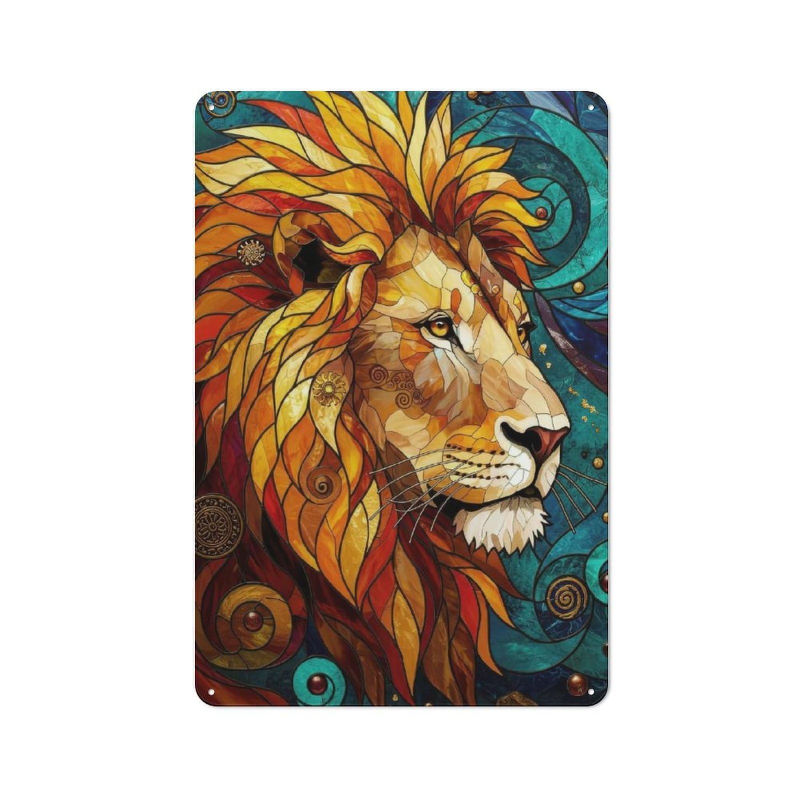 Tin Wall Plaque 30x20cm with Stained Glass Lion for Garage Wall, with Clear Vintage Wall Decor Character