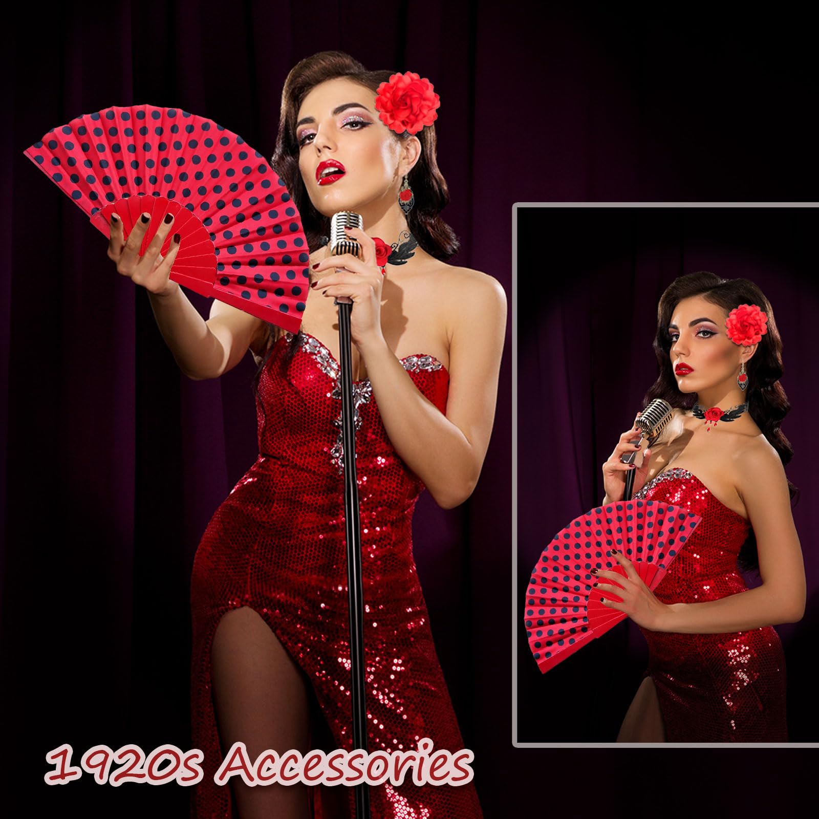 4 szt. Rose Flower Flamenco akcesoria dla kobiet dziewczyn składany fan Choker kolczyki Rose kwiat spinka do włosów tancerka kostium dla kobiet z lat 20. Halloween