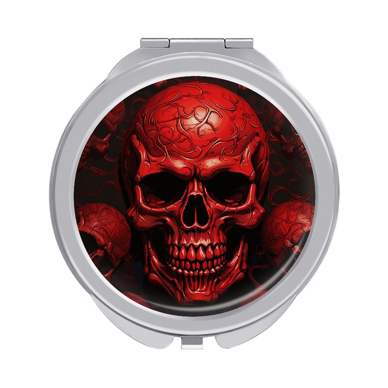 FodPand Compact Hand Mirror with 1x/2x Magnifying Round Travel Makeup Mirror Mini Foldable Red Skulls Cosmetic Mirrors Travel Essentials Gift for Women Girl Portable for Pocket Purse -Silver