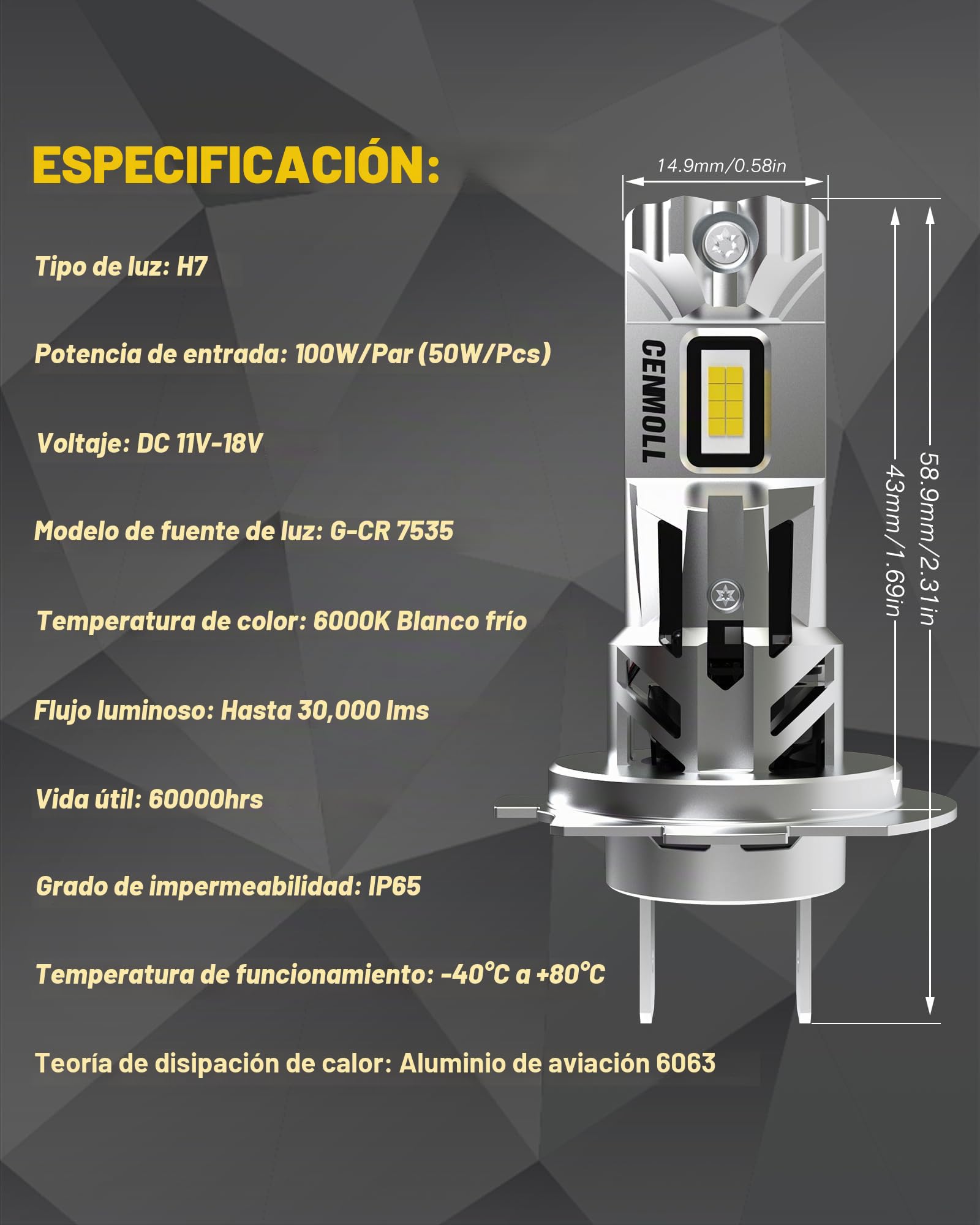 Bombilla H7 Led Canbus, 100 W, 30 000 lm, 6000 K (blanco frío) 500% más brillante, No requiere adaptador, diseño 1:1 Plug & Play, Bombillas H7 Led Sin errores CAN-BUS Kit de conversión, 1 Par