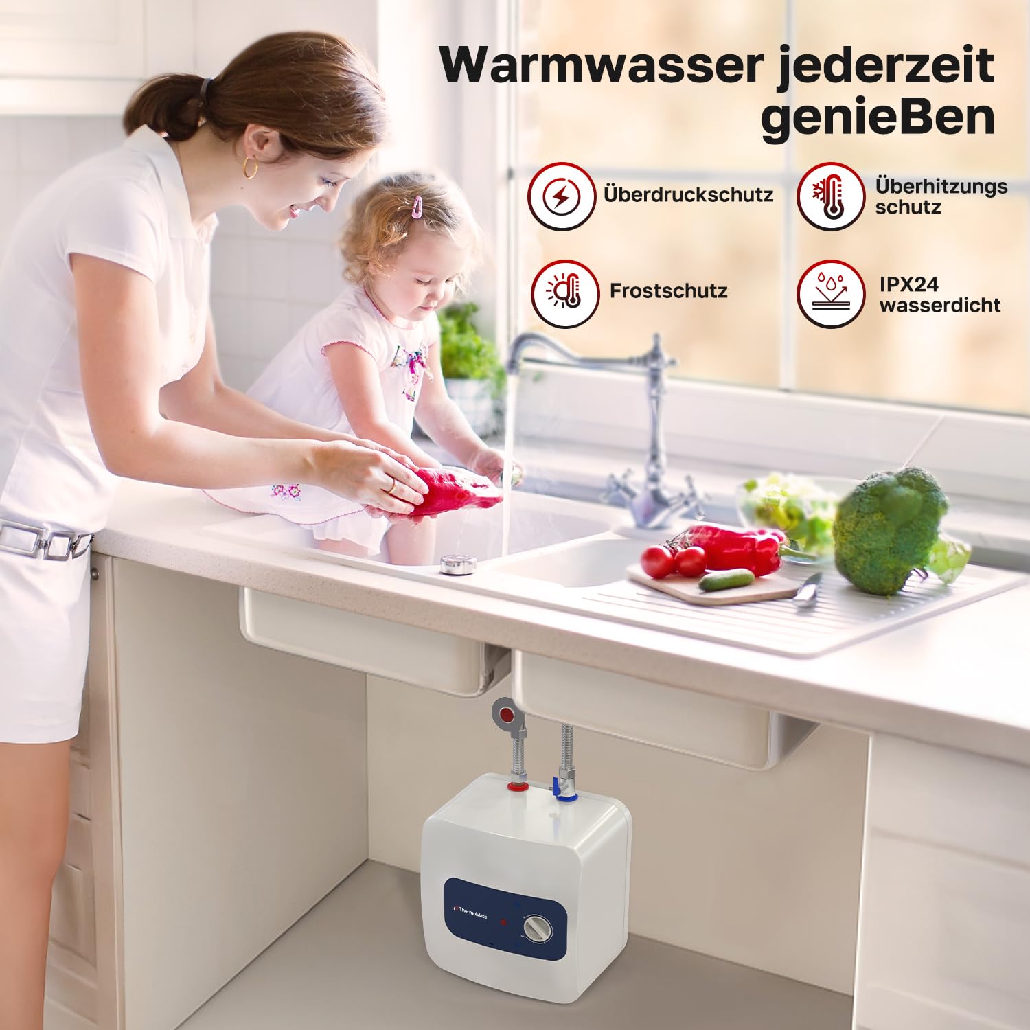 ThermoMate ES10DE Termo eléctrico 10 litros, Calentadores de agua eléctricos bajo fregadero, Diseño compacto, enchufar y usar, 2000W
