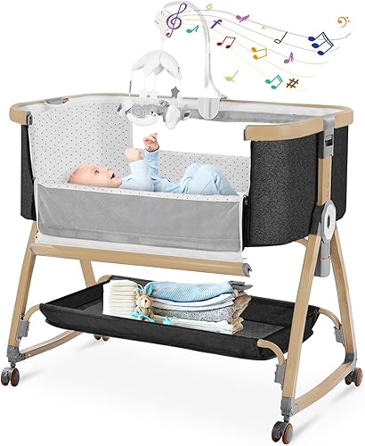 Moisés de noche, moisés, cuna mecedora, cuna portátil 3 en 1 con colchón, móvil, mosquitera, cesta de almacenamiento, cuna ajustable de 6 alturas