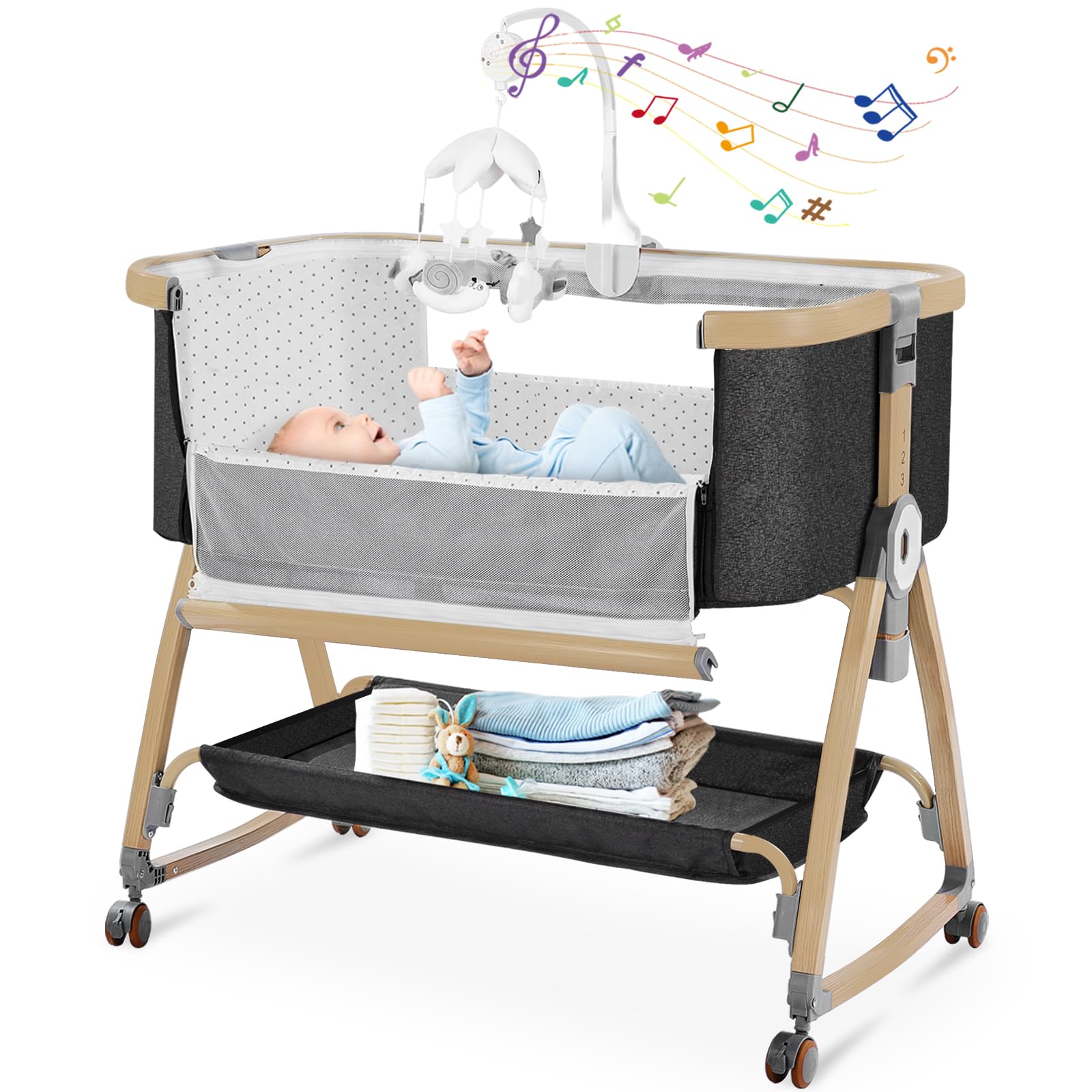 Bedside Bassinet, 4 in 1 Portable Bedside Crib with Mattress, Deep Grey