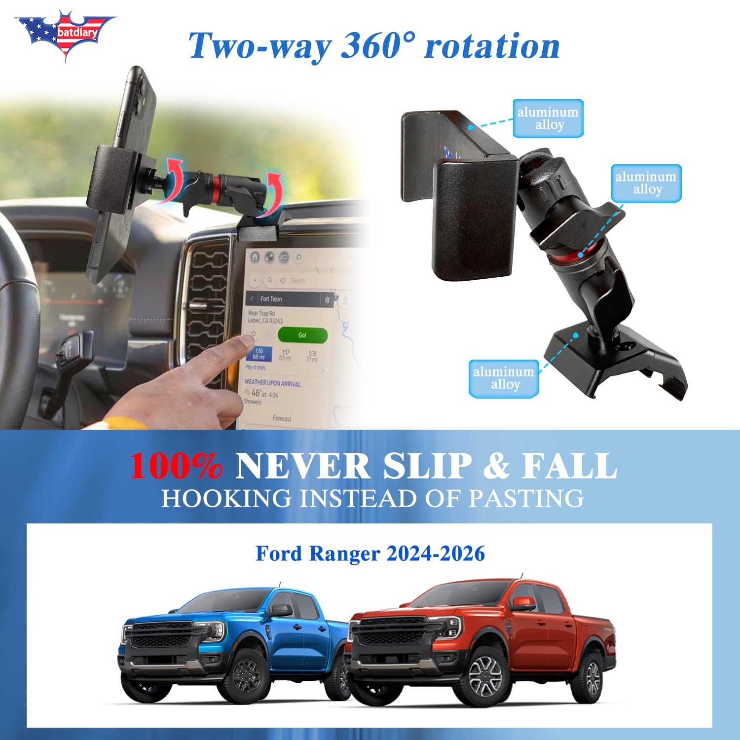 2025 Ranger Vent uchwyt na telefon do 2024 2025 2026 Ford Ranger akcesoria | aluminiowy teleskopowy uchwyt na telefon | gruby uchwyt samochodowy przyjazny dla obudowy do iPhone'a 16/15 Pro