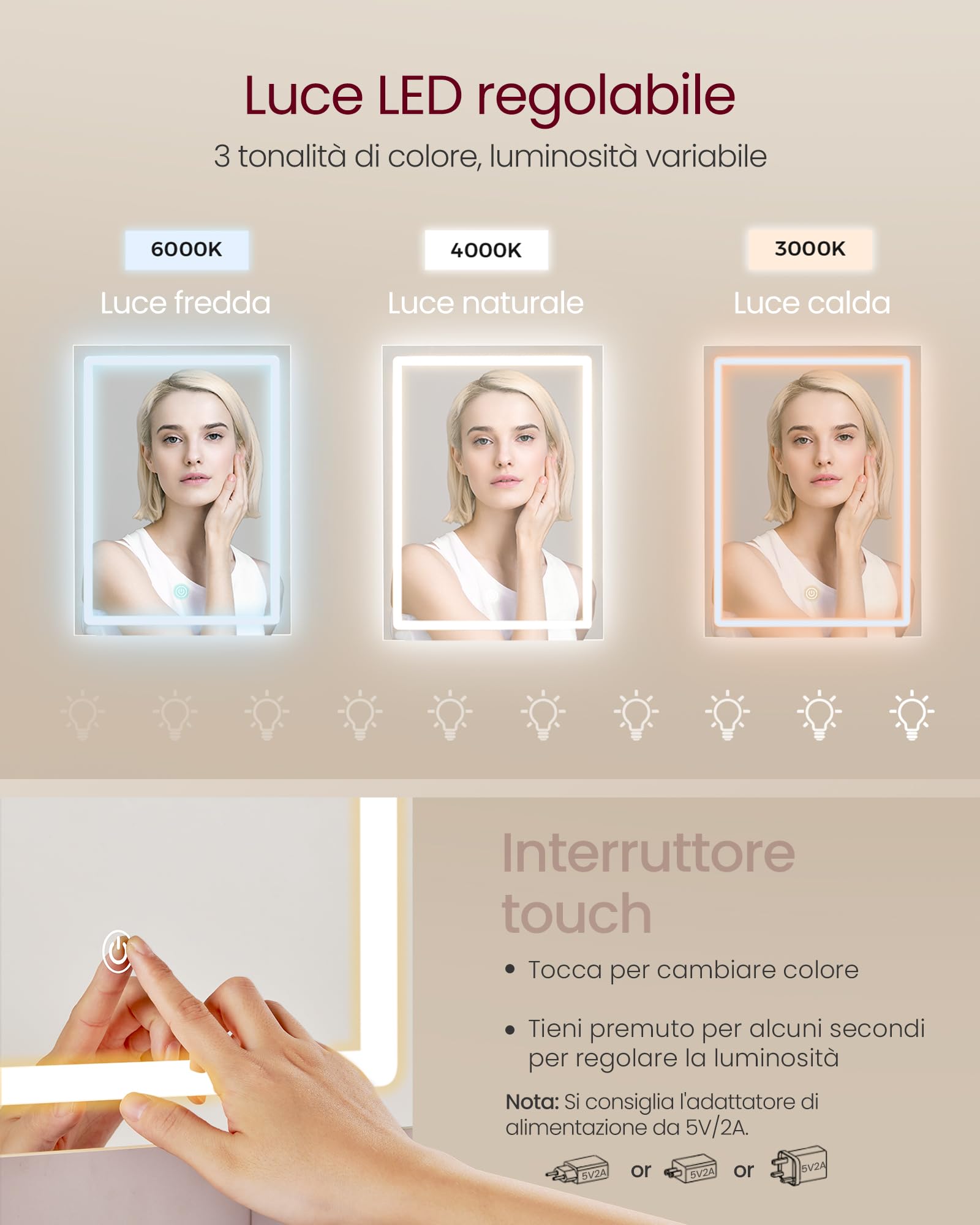 VASAGLE KAILYN Collezione - Toeletta con Luci LED 3 Colori con Luminosità Regolabile, Tavolo da Trucco con Specchio, Ripiani Regolabili, 2 Cassetti, Postazione Trucco, Bianco RDT123WB01