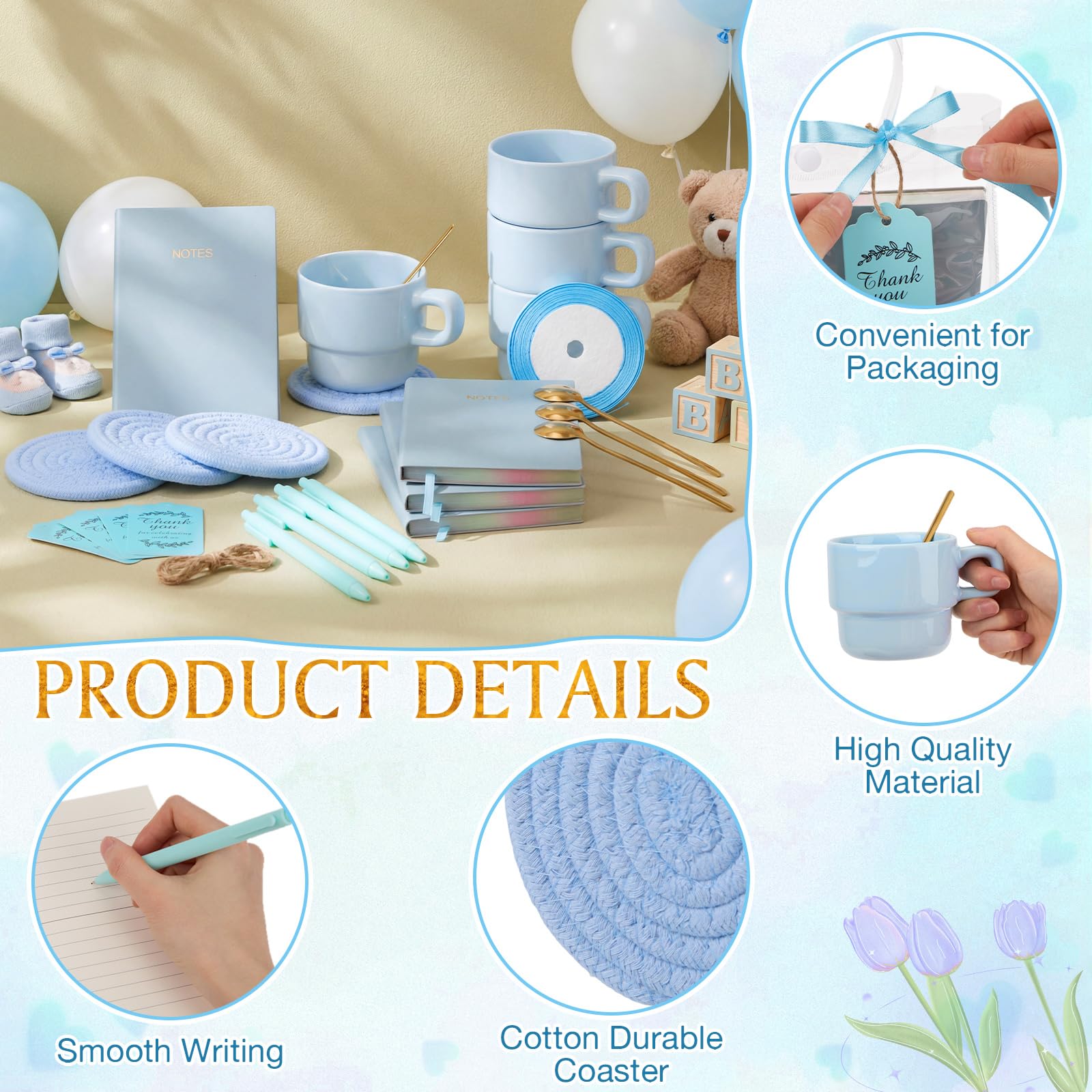 43 premios de juego para baby shower para ganadores del juego, regalos de baby shower, incluyendo tazas de cerámica con cucharas, posavasos tejidos y bolsas de regalo para cuaderno, tarjeta