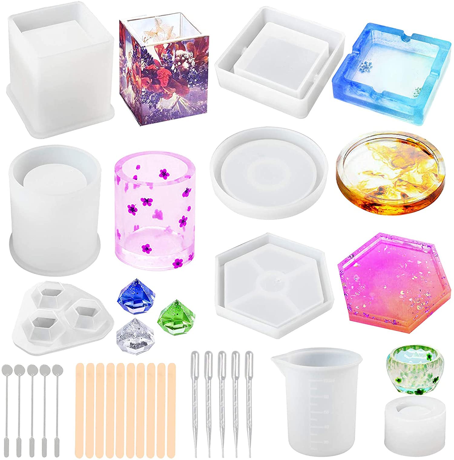 DELFINO Epoxy Resin Molds, Silicone Coaster for Resin Casting, DIY Art Crystal Diamond Plant Pot Pen Candle Soap Holder Molds, Including Measuring Cup, Droppers and Stirrers - 28Pcs