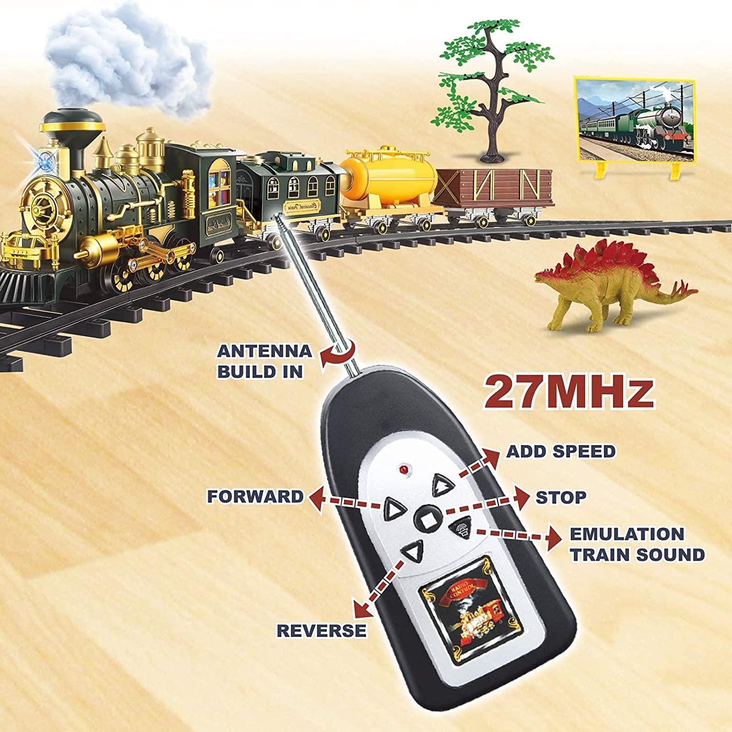 Train Set Remote Control Electric Train Toy for Boys Girls w/ Smokes, Lights & Sound, Railway Kits w/ Steam Locomotive Engine, Cargo Cars & Tracks, for 3 4 5 6 7 8+ Year Old Kids
