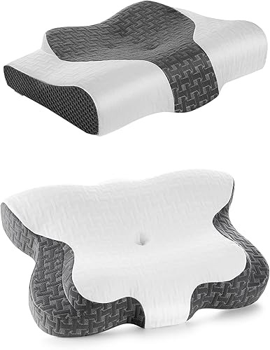 Elviros Almohada cervical de espuma viscoelástica, 2 en 1 de contorno ortopédico para dolor de cuello, almohada ergonómica de cama para personas que