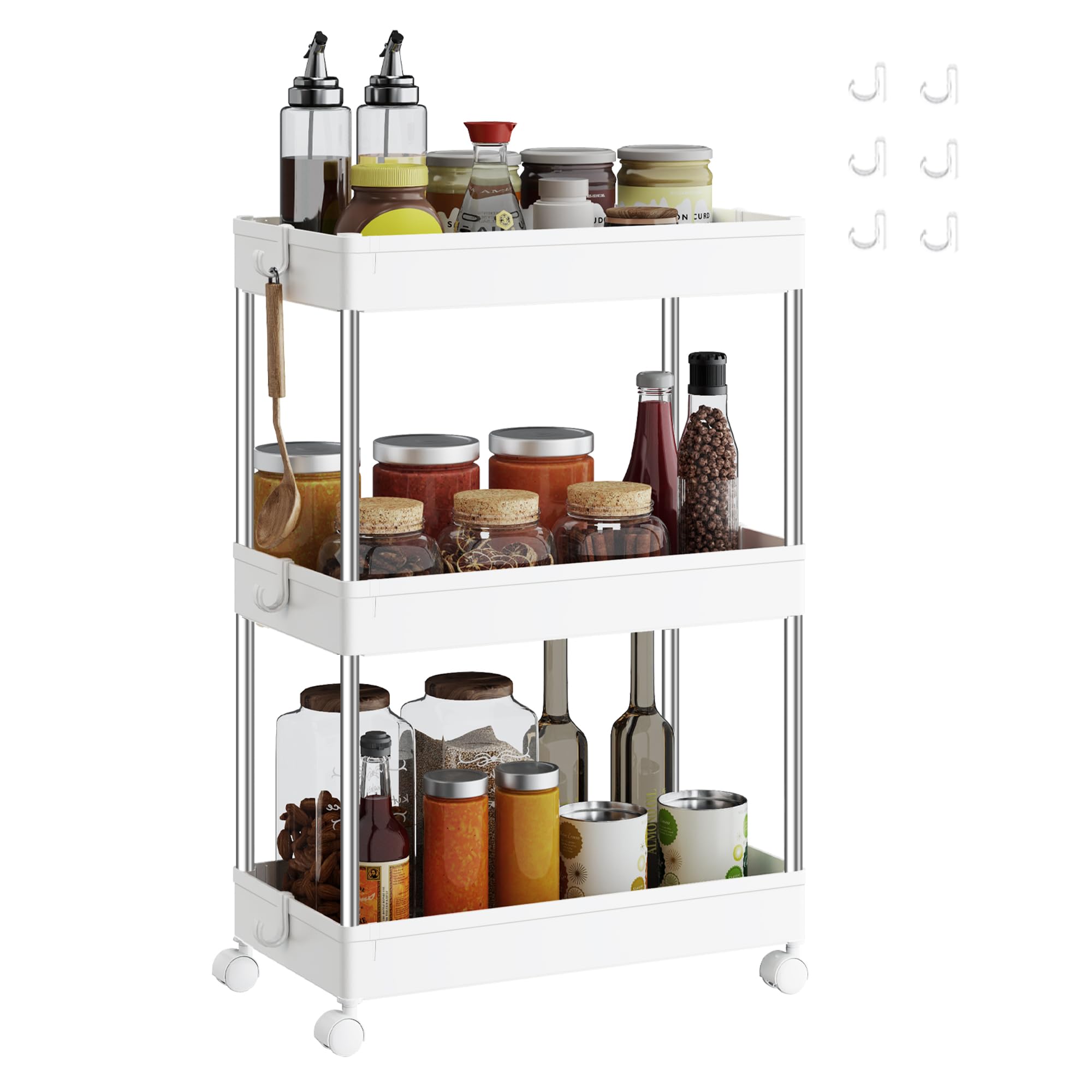 SONGMICS 3-Tier Storage Trolley, Rolling Cart with Wheels, Space-Saving Kitchen Trolley in Office Bathroom, 23.6 x 42 x 60.6 cm, Cloud White KSC009W01