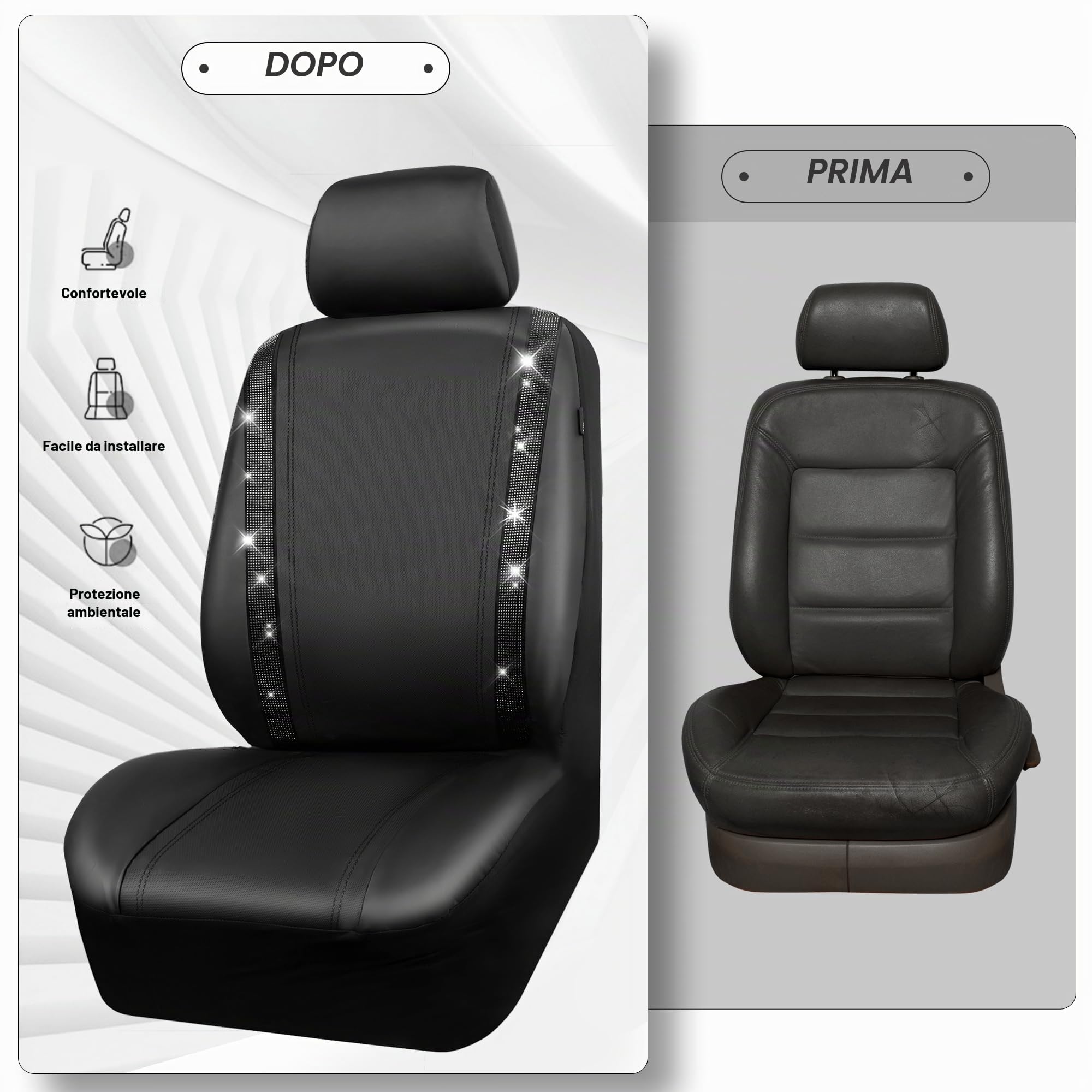 CAR PASS Coprisedili Auto in Pelle Impermeabile Bling Diamante Lucido Cristallo Scintillante, Universale per 95% di Tutti Automobili Camion SUV, Donne Uomini(Anteriore, Nero)