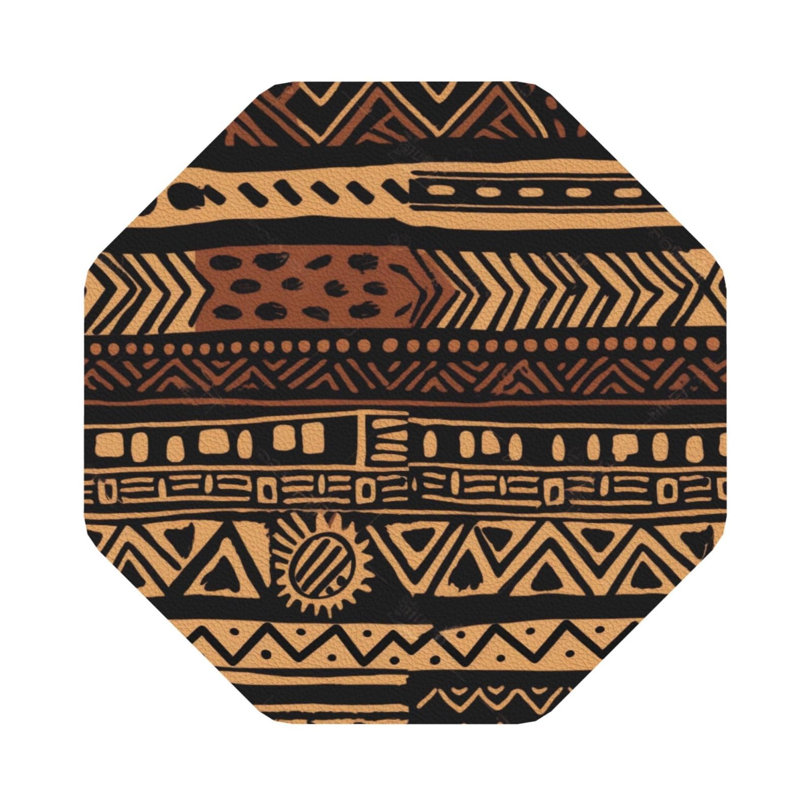 African Mud Cloth Tribal 1 Print Leather Coaster Set of 6, Octagon Coasters Table Decorative Coffee Cup Beverage Coasters Wine Beer Bar Coasters for Hot Drinks Table Protection