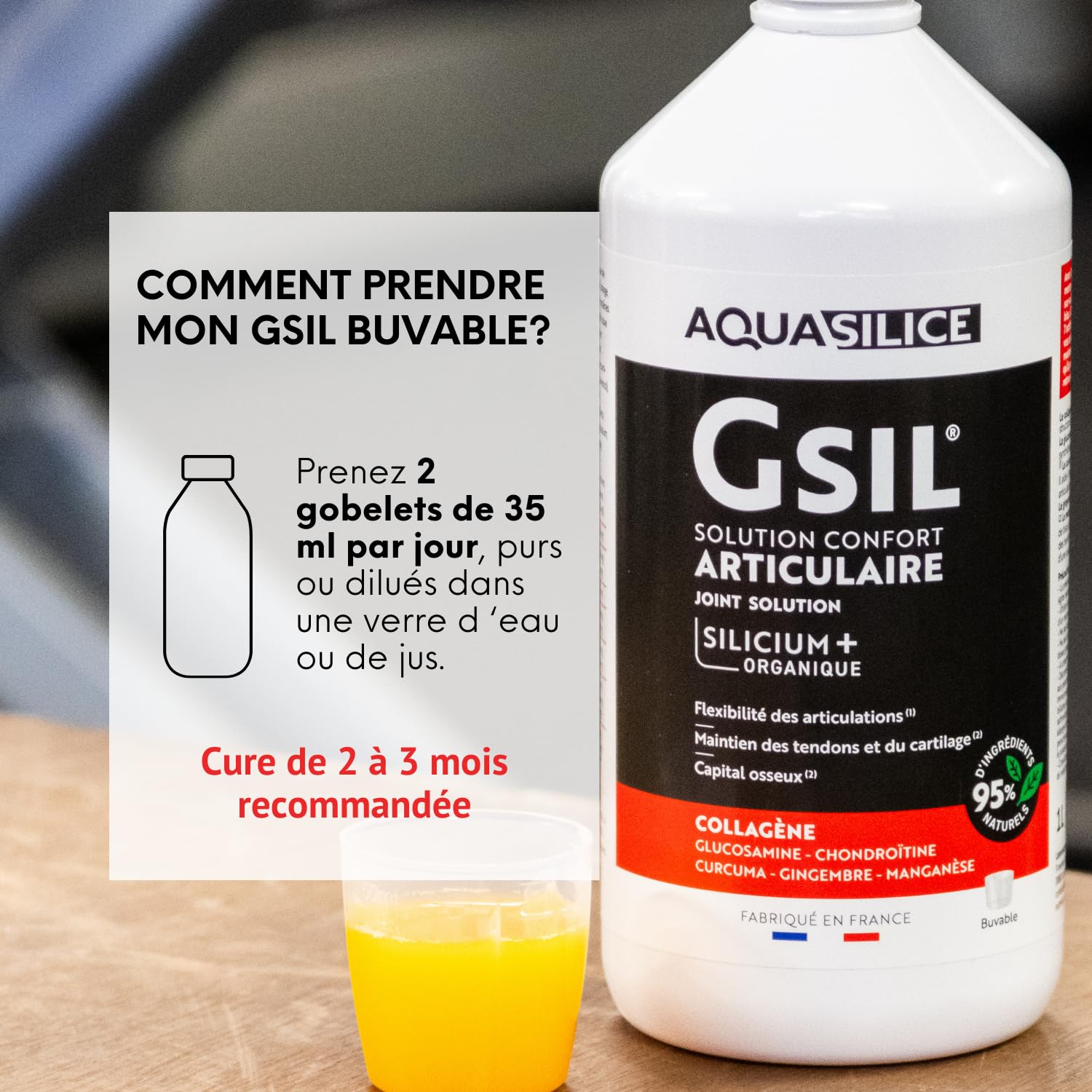 GSIL - Solution Buvable Confort Articulaire 1L - Silicium Organique, Collagène Marin, Curcuma, Glucosamine, Chondroitine & Manganèse - Mobilité, Souplesse & Renfort Osseux - Fabriqué en France
