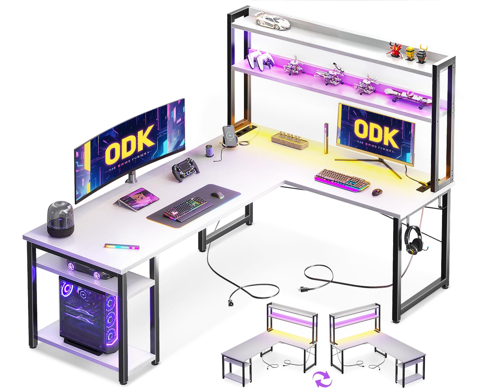 ODK Escritorio Gaming con LED, Escritorio con Estante Reversible, Escritorio en L con Enchufes y Puertos USB, Escritorio Gaming Blanco con Compartimentos y Almacenamiento, 168×120 cm