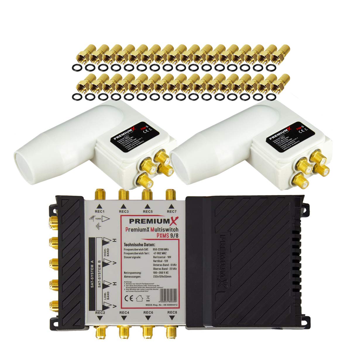 Premium X Multischalter Set 9/8 Multiswitch 2X Quattro 3° Multifeed LNB 32x F-Stecker, Satblock Signalverteiler 2 SAT für 8 Teilnehmer