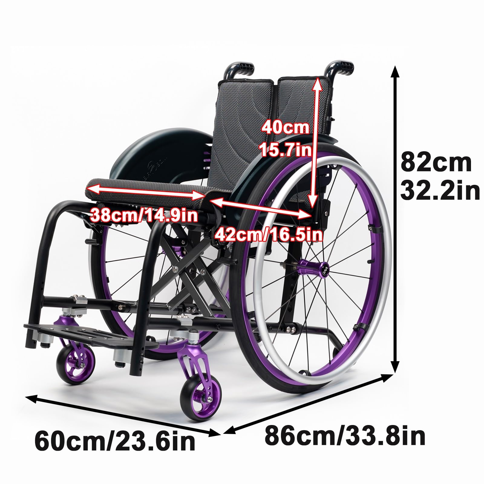 Lekkie składane krzesło ze stopu aluminium dla dorosłych, wyposażone w opony poręcze (szerokość siedziska: 38 cm)