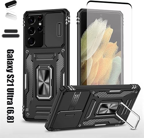 Miniatura 1 de Funda resistente para Samsung Galaxy S21 Ultra, protección híbrida de goma de doble capa de grado militar con protector de cámara deslizante,