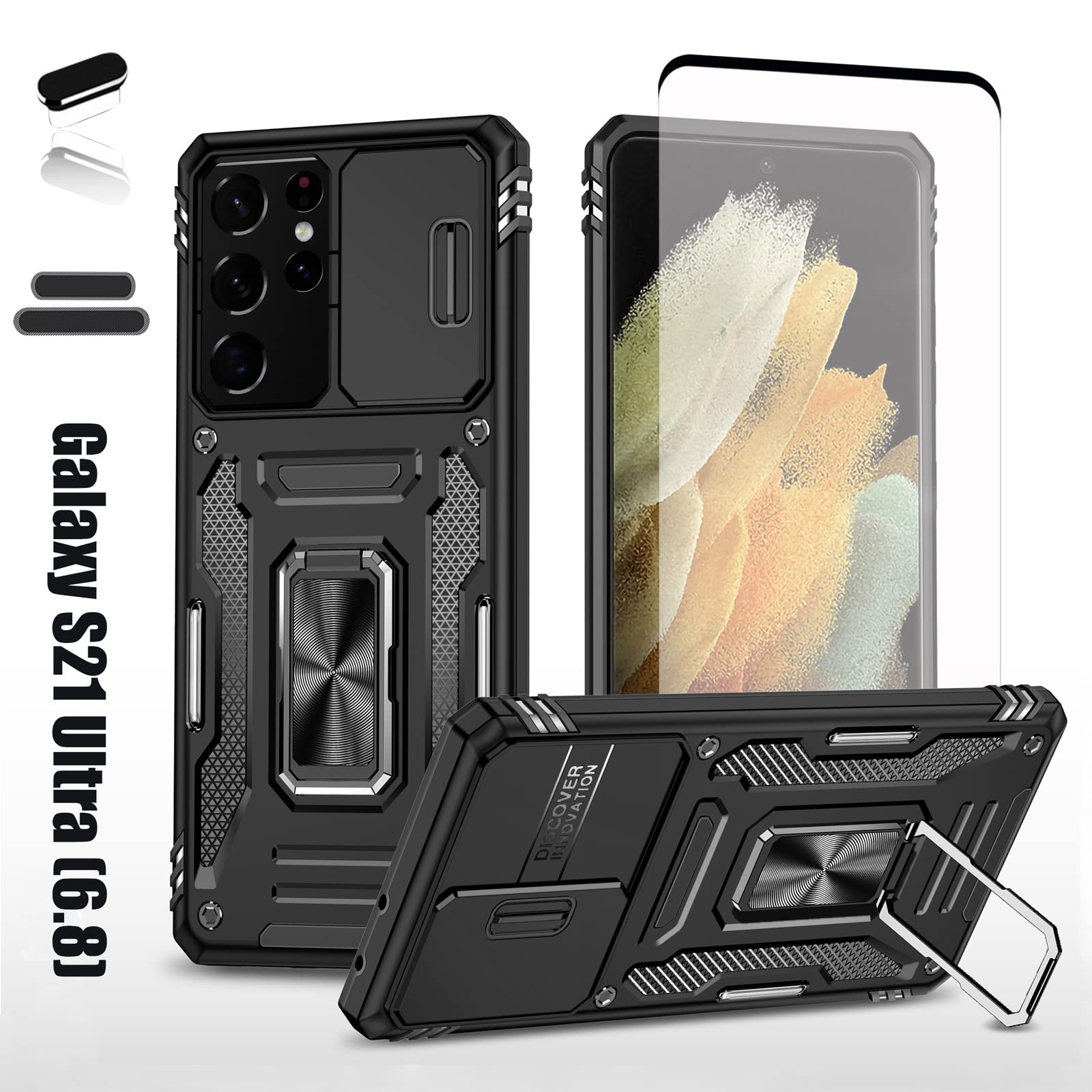 LMDAMZ Heavy Duty Case for Samsung Galaxy S21 Ultra, Military Grade Dual Layer Hybrid Cushioning Rubber Bumper Protector with Slide Camera Protector,