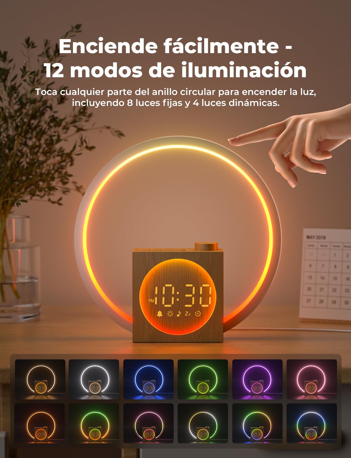 LIORQUE Despertador Amanecer, Despertador Luz Natural Simulación de Amanecer, 12 Modos de Luz, 30 Sonidos Relajantes, Modo de Ayuda para Dormir, Función Alarma y Snooze