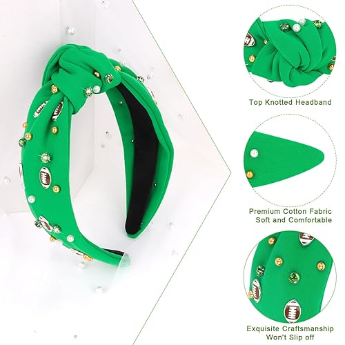 Miniatura 6 de YARIEW Diadema de fútbol con perlas y diamantes de imitación, diadema anudada a la moda, diadema ancha para el día de juego, accesorios para el