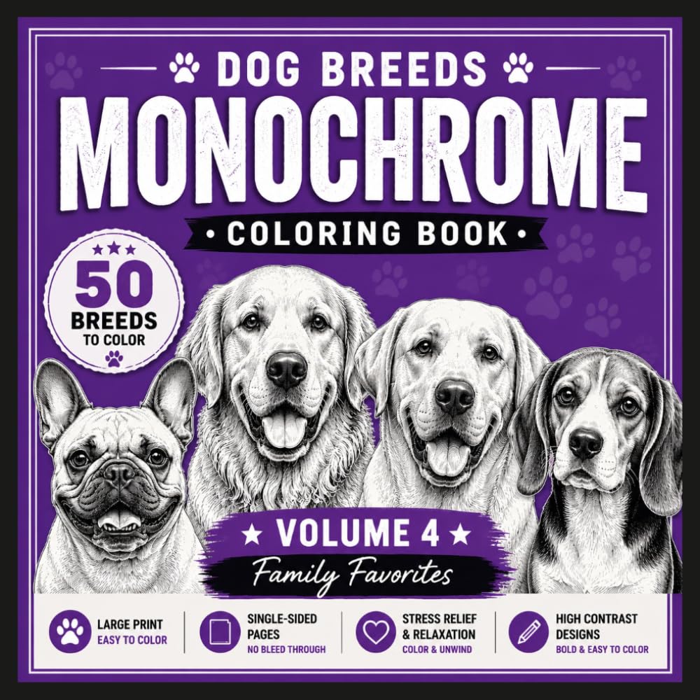 Monochrome Dog Breeds Coloring Book – Volume 4: 50 Recognizable & Popular Dog Breeds with Breed Names I Easy One-Color Designs with Marked Areas for Relaxation