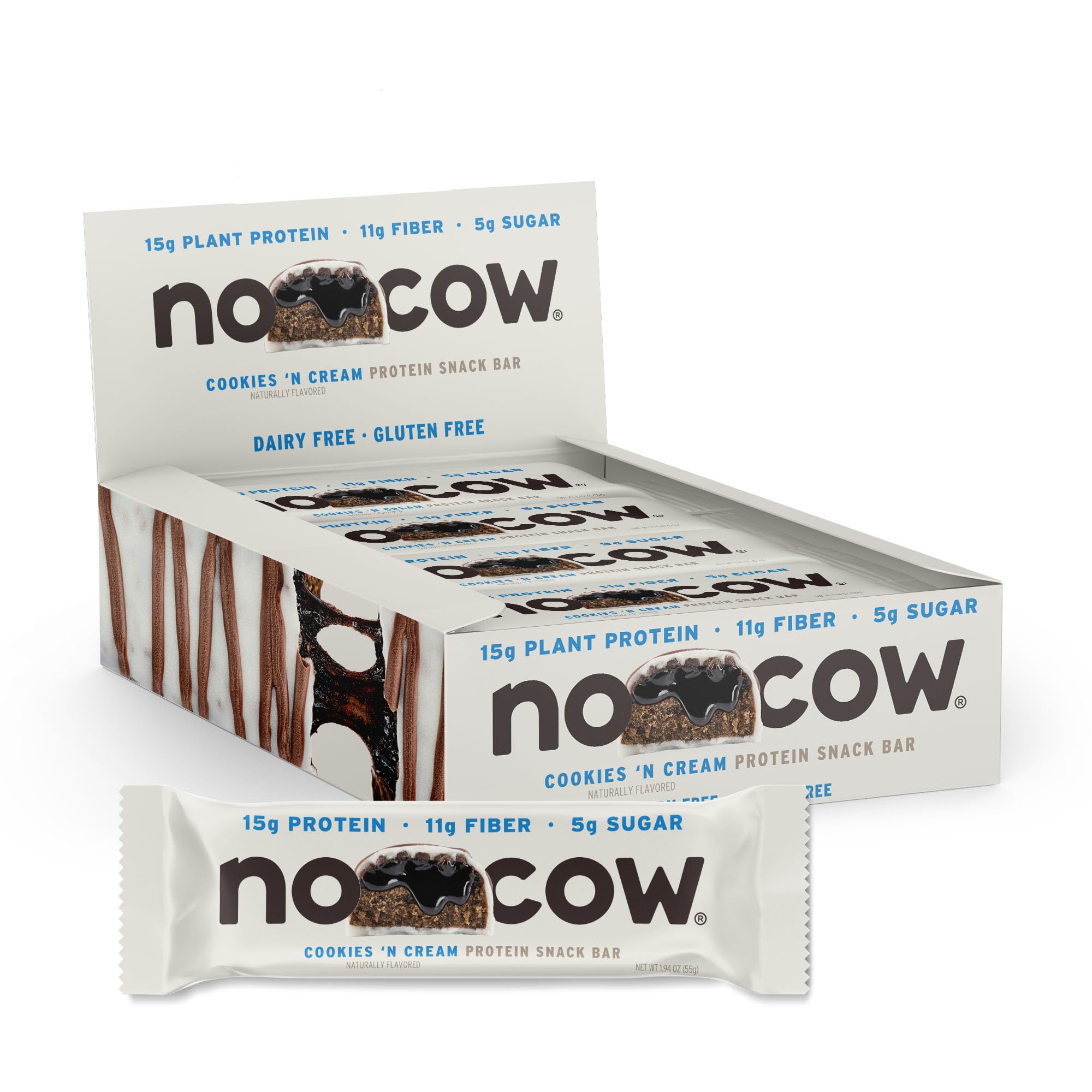 Barritas de proteína veganas No Cow con bajo contenido de azúcar y alto contenido de proteína, 15 g de proteína vegetal y 10 g de fibra, ideales para llevar y después del entrenamiento. Sin gluten ni lácteos (Galletas con crema, 12 unidades).