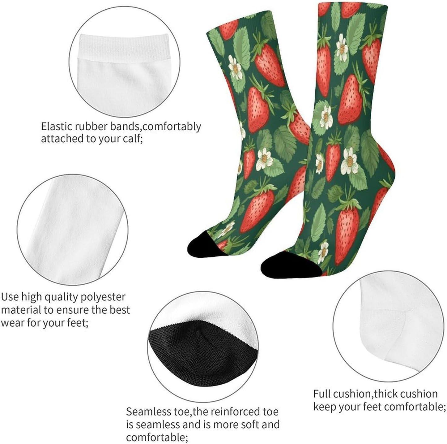 Fresh Strawberries And Leaves Crew Sock High Stocking Grippy Socks | Socks for Men & Women,Stockings-Long Thin Tube Sports, Breathable Soft Athletic for Nurses,Travel