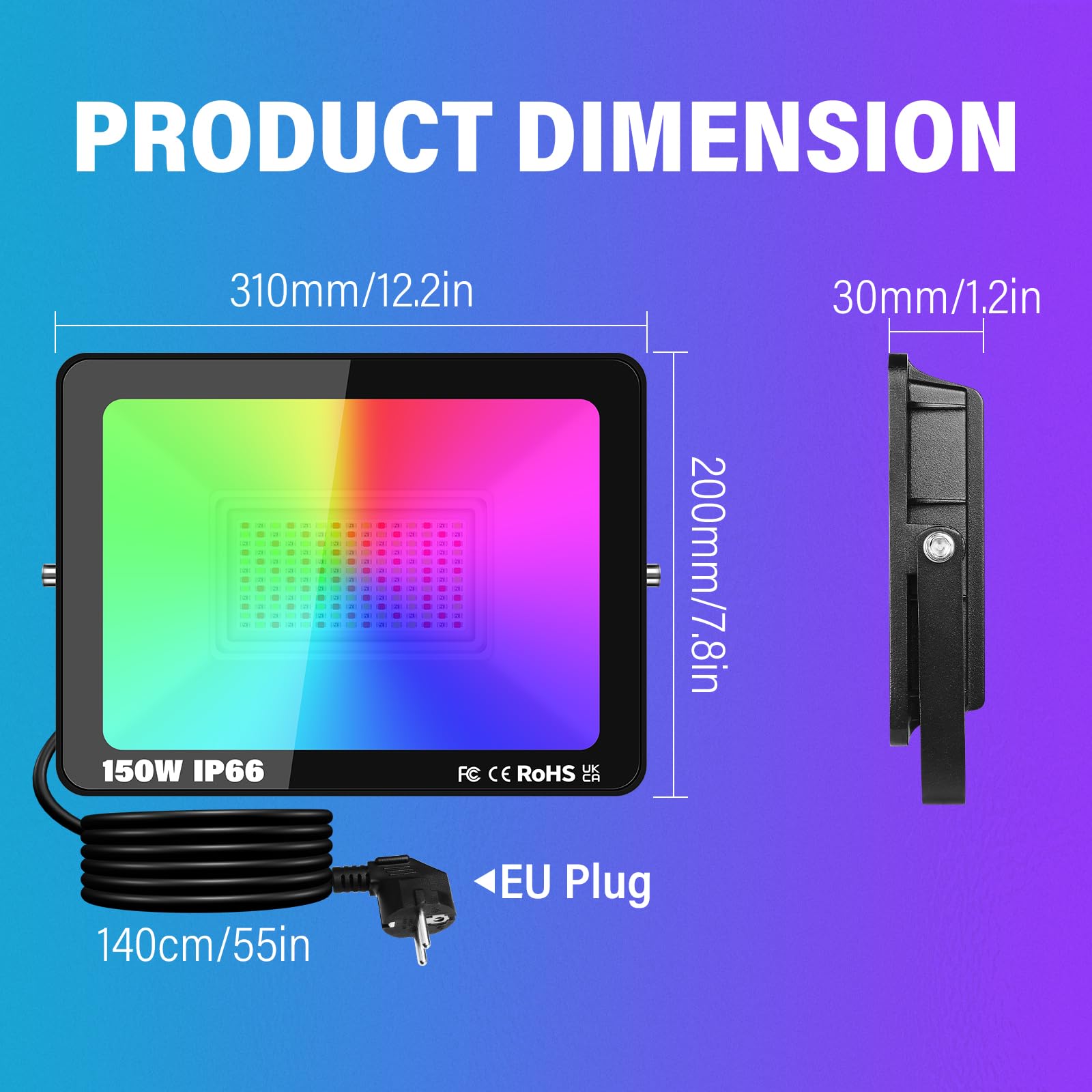Willpower 1X RGB LED Strahler APP 150W Fluter Dimmbar Mit IR Steuerung | RGBW Flutlicht 15000LM, 16 Farbwechsel 4 Modi, Mit Stecker, Smart Timer, IP66 für Außen Innen Garten Party Deko Baum