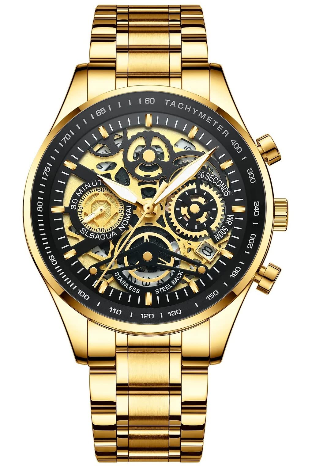 NIBOSI Casual Hollow-Out Mechanical Design Men's Stainless Steel Watch Multi Functional Chronograph Quartz Watch for Mens (Black/Gold)-image-47