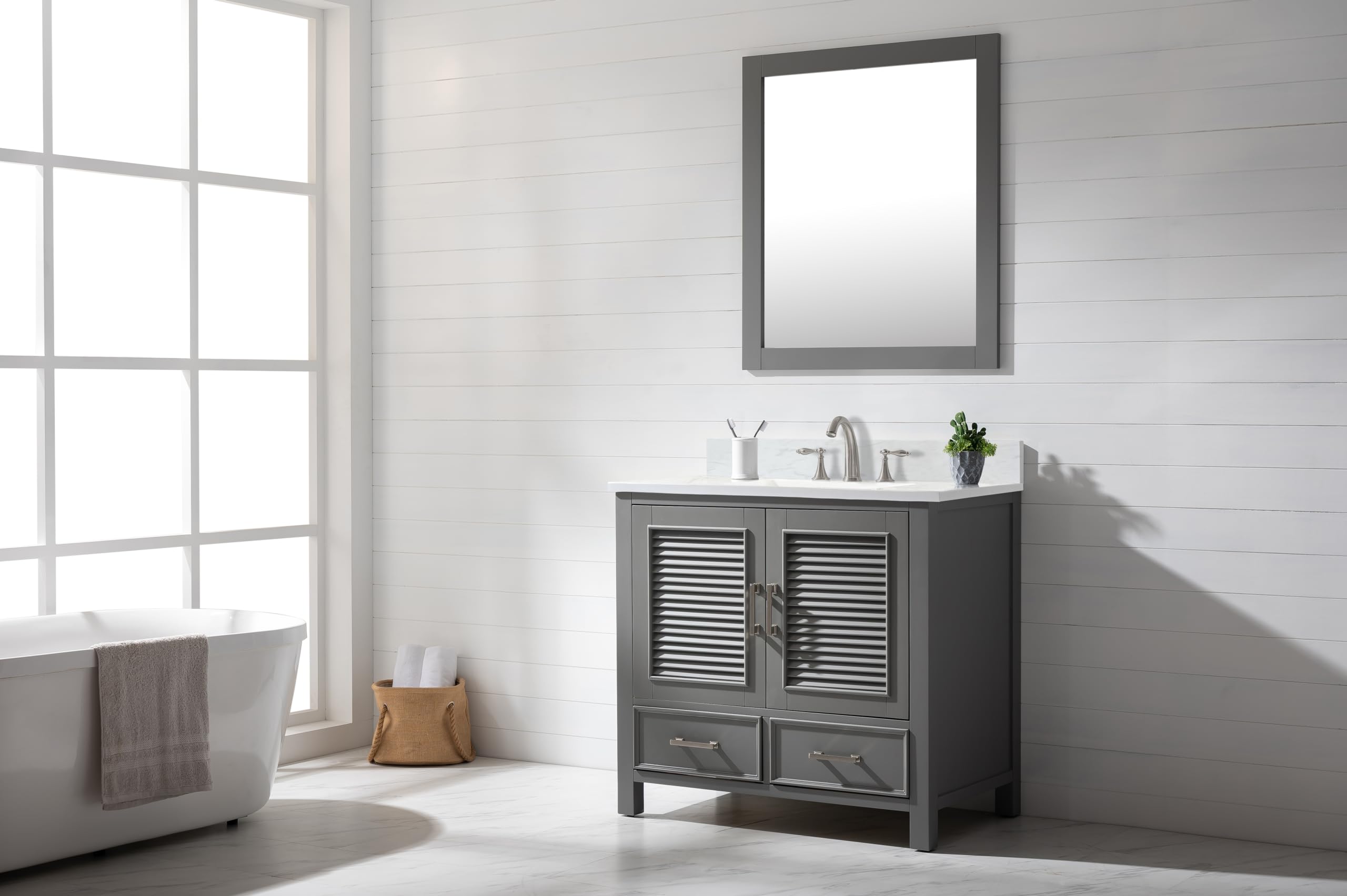 Condition photo showing New/Like New for design element estate 36-in gray undermount single sink bathroom vanity with white quartz top (fully assembled)