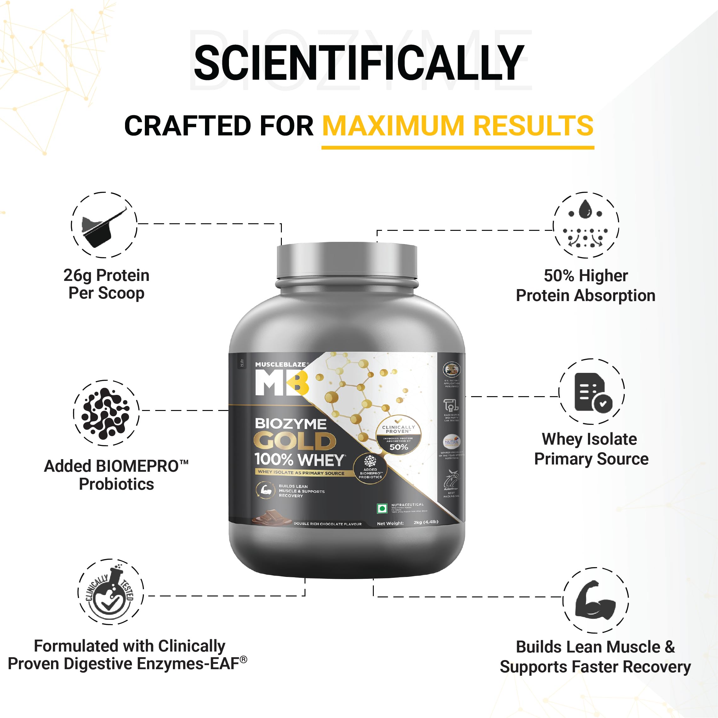 MuscleBlaze Biozyme Gold 100% Whey Protein Powder, 2kg (4.4lbs) — Amazon image 2