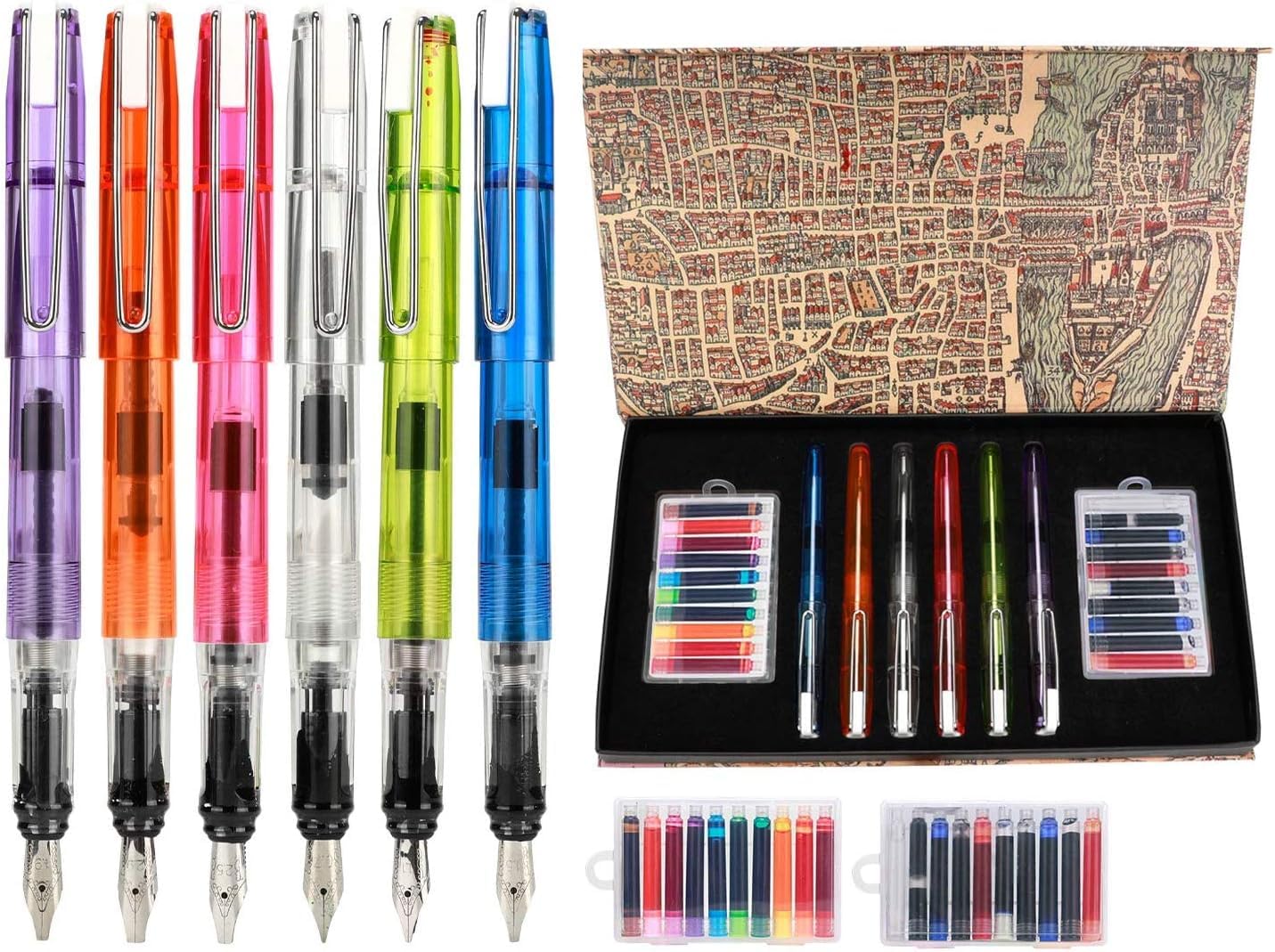 Set de Caligrafía 26 Piezas – 6 Plumas Estilográficas con Puntas de 0,7–2,9 mm y 20 Cartuchos de Tinta de Colores – Kit Hand Lettering y Escritura Creativa para Adultos GC-F620