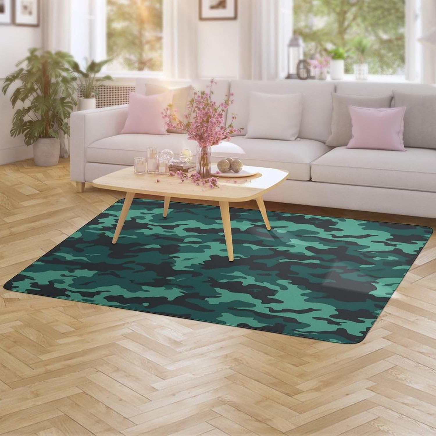 Teal Camouflage Carpet for Living Room,Washable Dining Room Non-Slip Under Table Rug 40“x60”Large Rugs Lndoor Home Decoration Stain Resistant Carpet for Bedroom