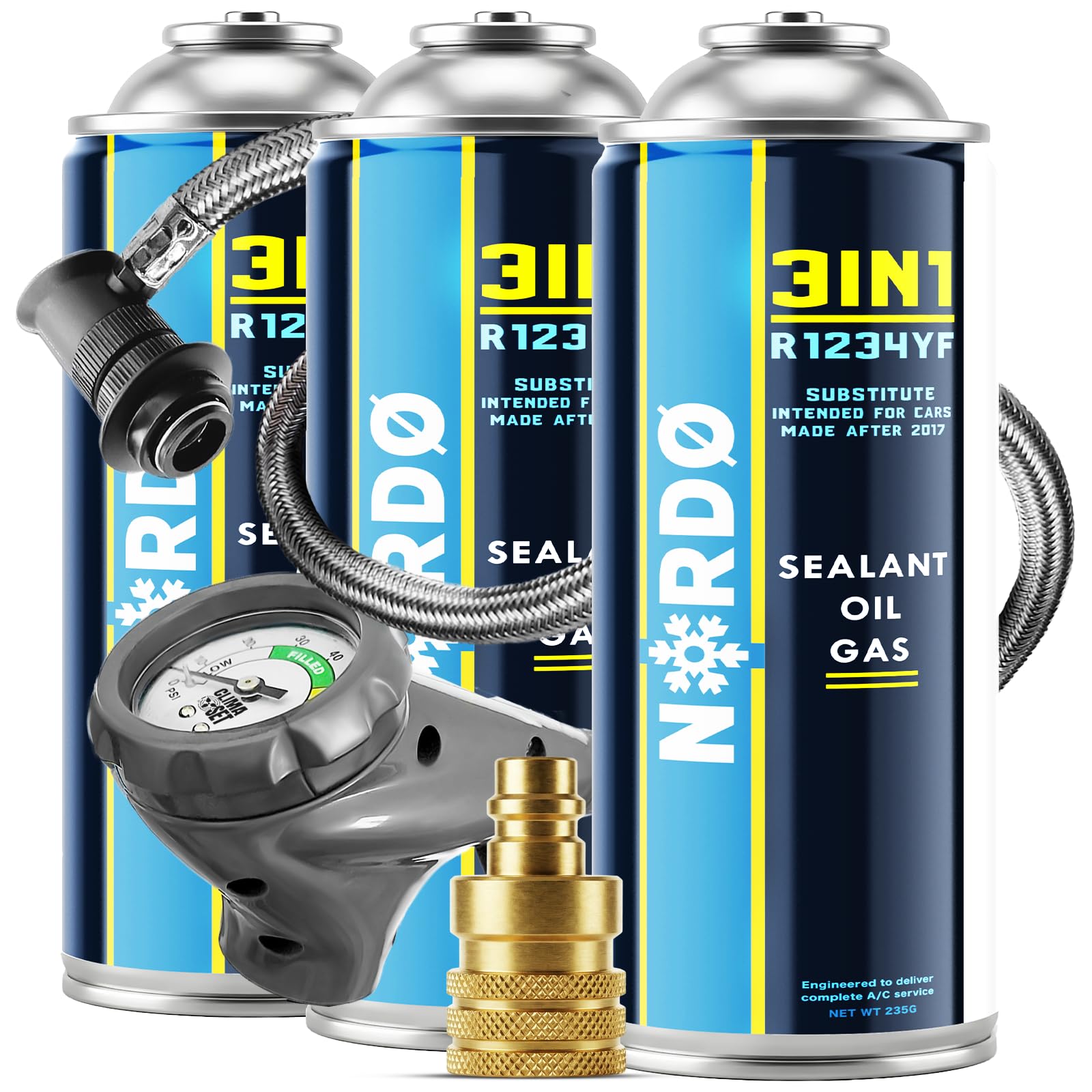 Nordo - 3in1 R1234yf Napełnianie Klimatyzacji – 3x 235 g z Wężem do Napełniania i Adapterem YF – Klimatyzacja Samochodowa – Gaz R1234yf 3in1 – Kartusz Gazu – ECO