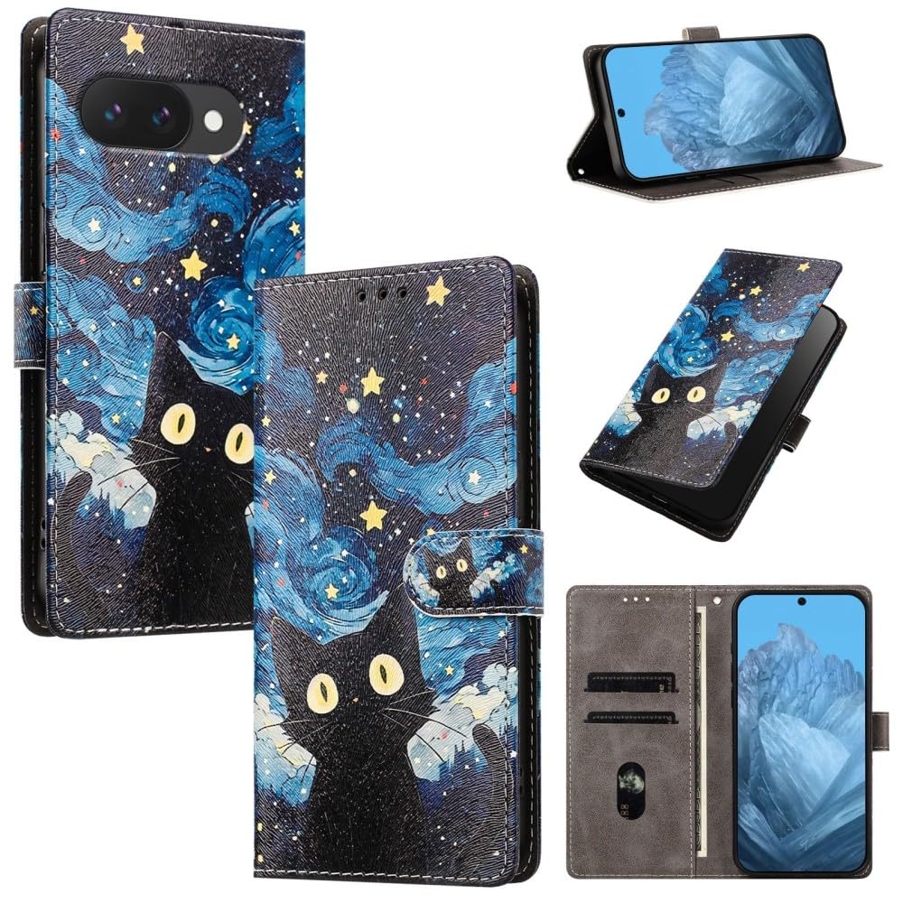 Generic Étui compatible avec Google Pixel 5 XL/Pixel 4A 5G (motif : chat étoilé) étui portefeuille en cuir à rabat magnétique
