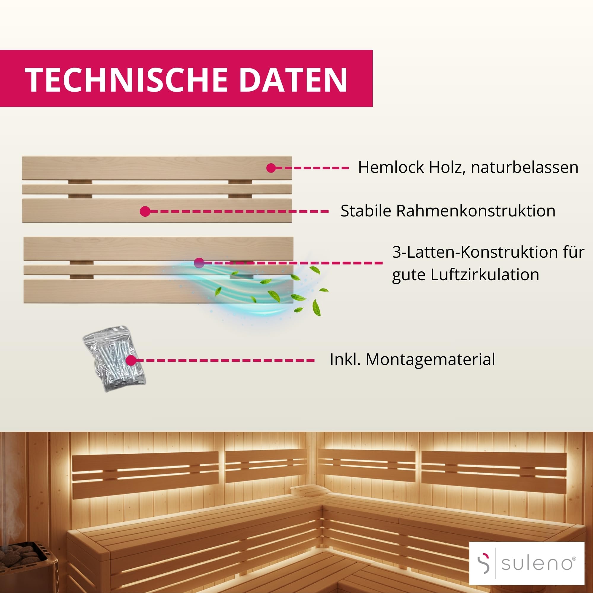 SULENO Sauna Rückenlehnen Set LARVIK, Naturbelassenes Hemlock-Holz, 85 x
