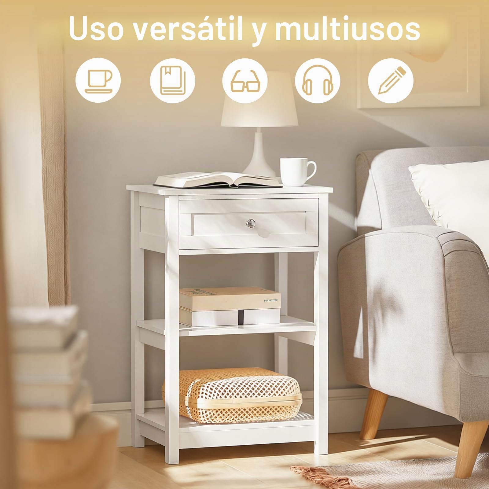 SoBuy Mesita de Noche con 1 Cajón & 2 Estantes, Mesa Auxiliar Moderna, Blanca, L45 x P30 x A68cm, FBT46-W