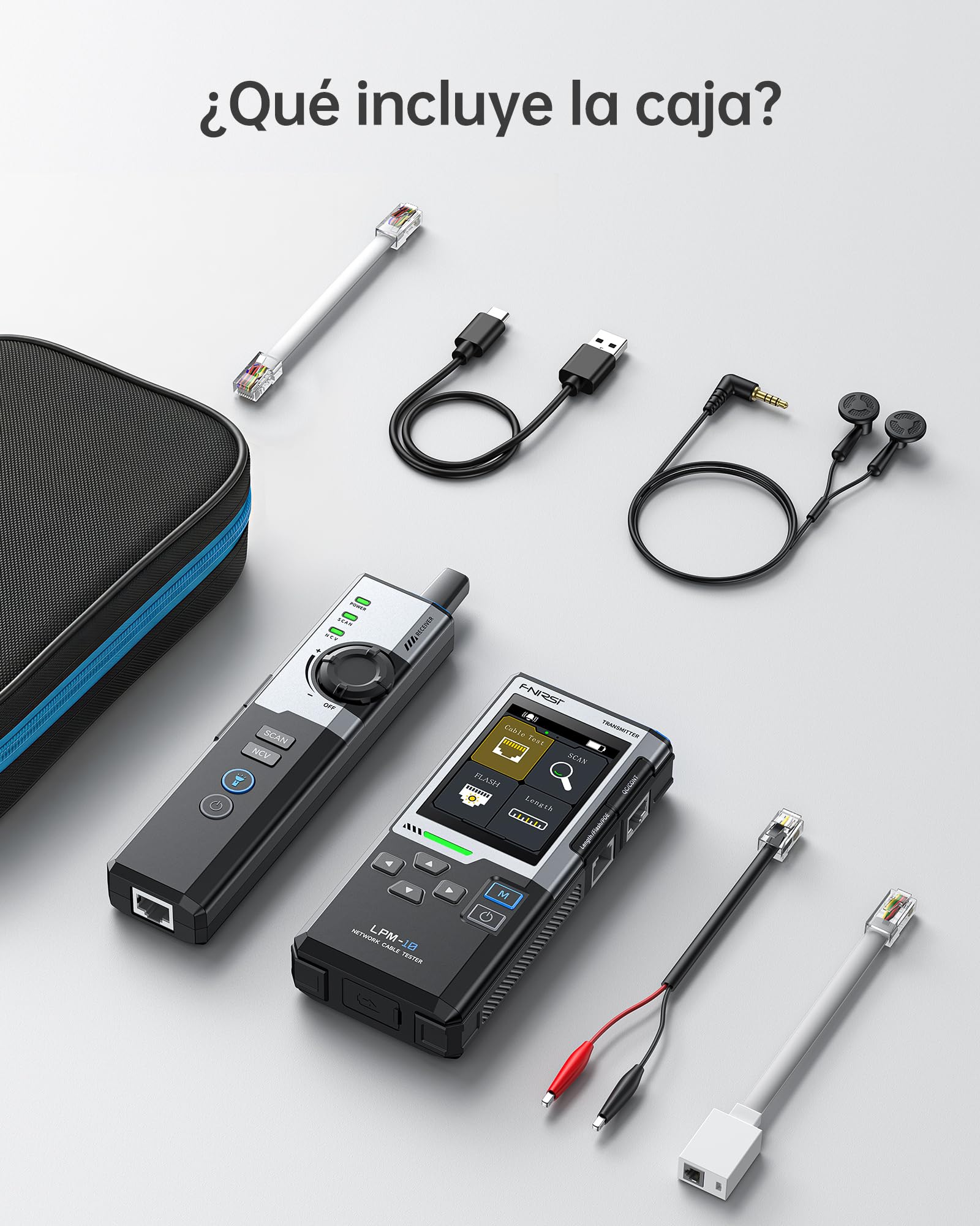 FNIRSI LPM-10A - Probador Ethernet, kit de comprobador de cable de red para CAT5 CAT6 RJ11, trazador de cables y tóner de cable, prueba PoE/NCV/longitud, probador de cable Ethernet recargable