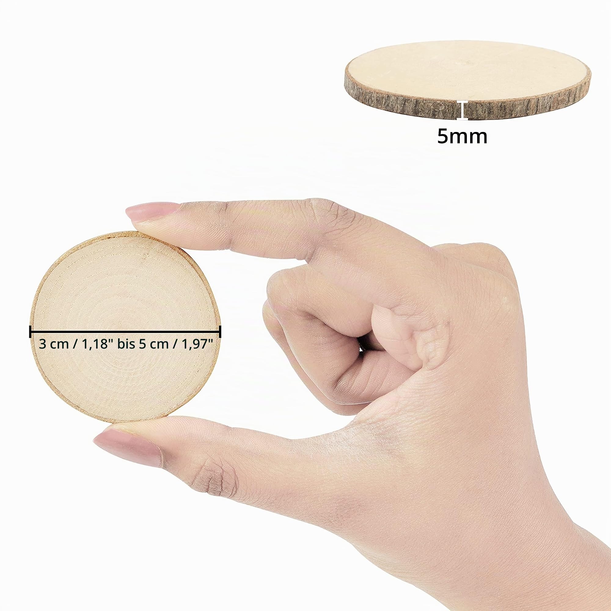 Kurtzy Natürliche Runde Holzscheiben zum Basteln (50er Pack) - 3-5cm Durchmesser - Holzscheiben Rund mit Rinde und Ohne Loch - Holzschilder zum Beschriften für DIY Kunst und Weihnachtsschmuck