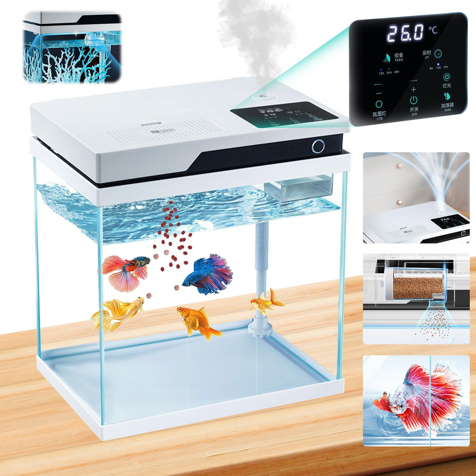 LIODUX Automatic Feeding Aquarium Fish Tank Starter Kit, With Smart Touch Panel, Featuring Crystal Clear 360° Viewing Fish Tank Kit, Eco-Cycle Filtration for Betta Fish (6 Gallon)