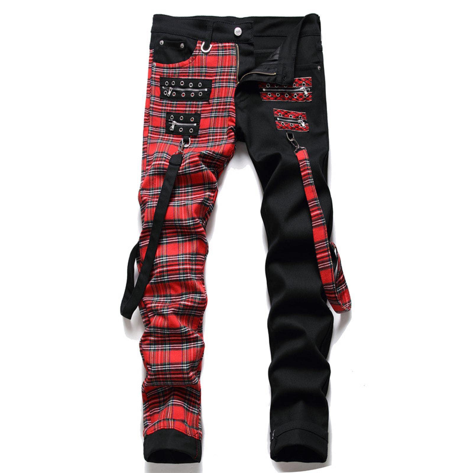Jeans Herren Jeanshosen Hose Freizeithose Red Plaid Patchwork Punk Reißverschluss Männer Bleistift Jeans Hose Hip Hop Gothic Slim Denim Hosen