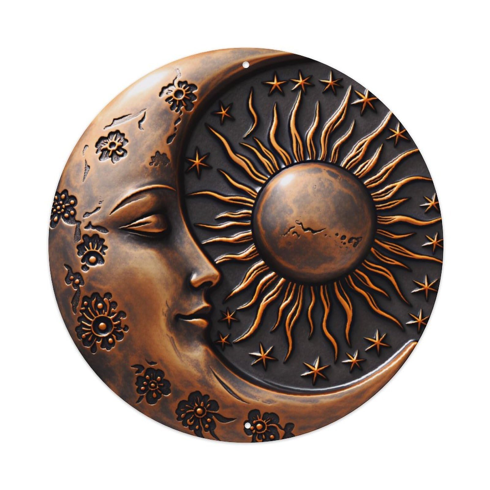 Vintage Relief Sun & Moon Star Round Plaque Vintage Aluminium Metal Sign, Retro Wall Decor for Home, Bar, Garage & Farmhouse 20x20cm