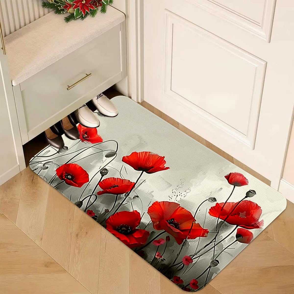Red Poppy Flowers Kitchen Rugs Set of 2 - Retro Plants Washable Non-Slip Faux Linen Floor Mats(17.7''x29.5''+17.7''x47'') - Kitchen Mats for Home Office Bedroom Bathroom Laundry (Red 2)