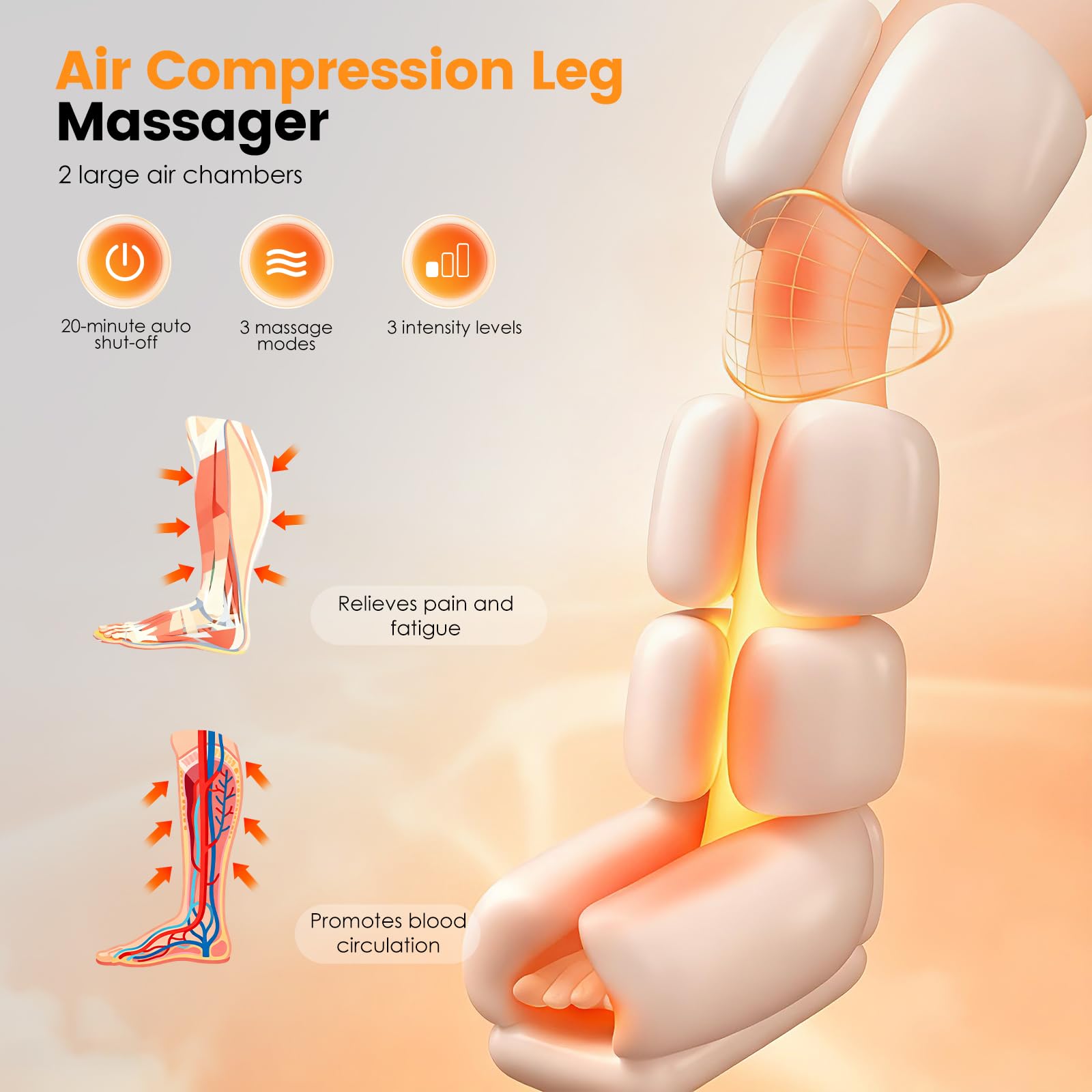 Beinmassagegerät mit Wärme, 2-in-1 Knie und Waden Massager mit Luftkompression, 3 Modi 3 Intensitäten, Kabellos für Zuhause Büro Reise