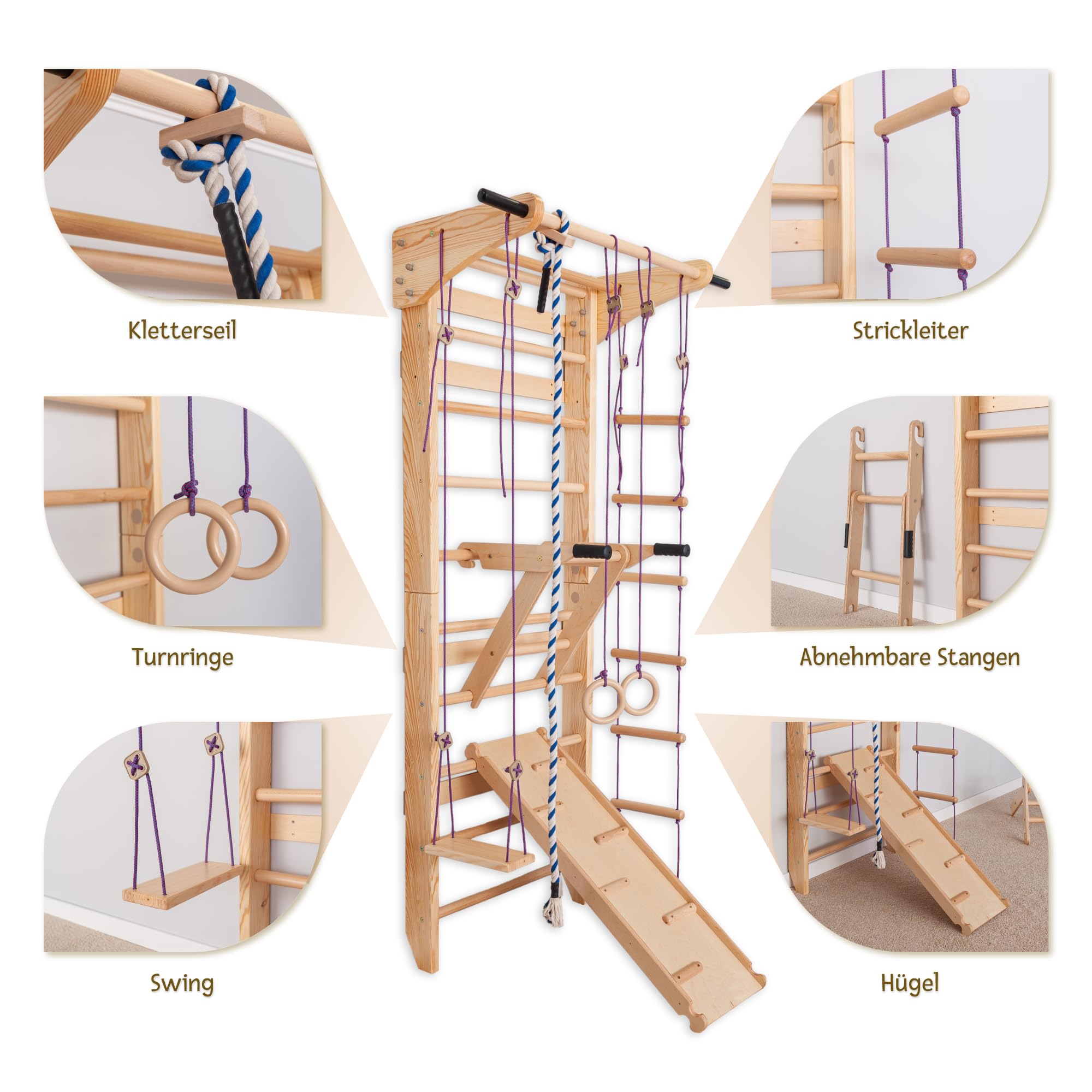 Sprossenwand Holz mit Rutsche & Schaukel - Indoor Klettergerüst für Kinder & Erwachsene - Turnwand mit Kletterbrett & Zubehör - Massiv bis 150kg (Beige)