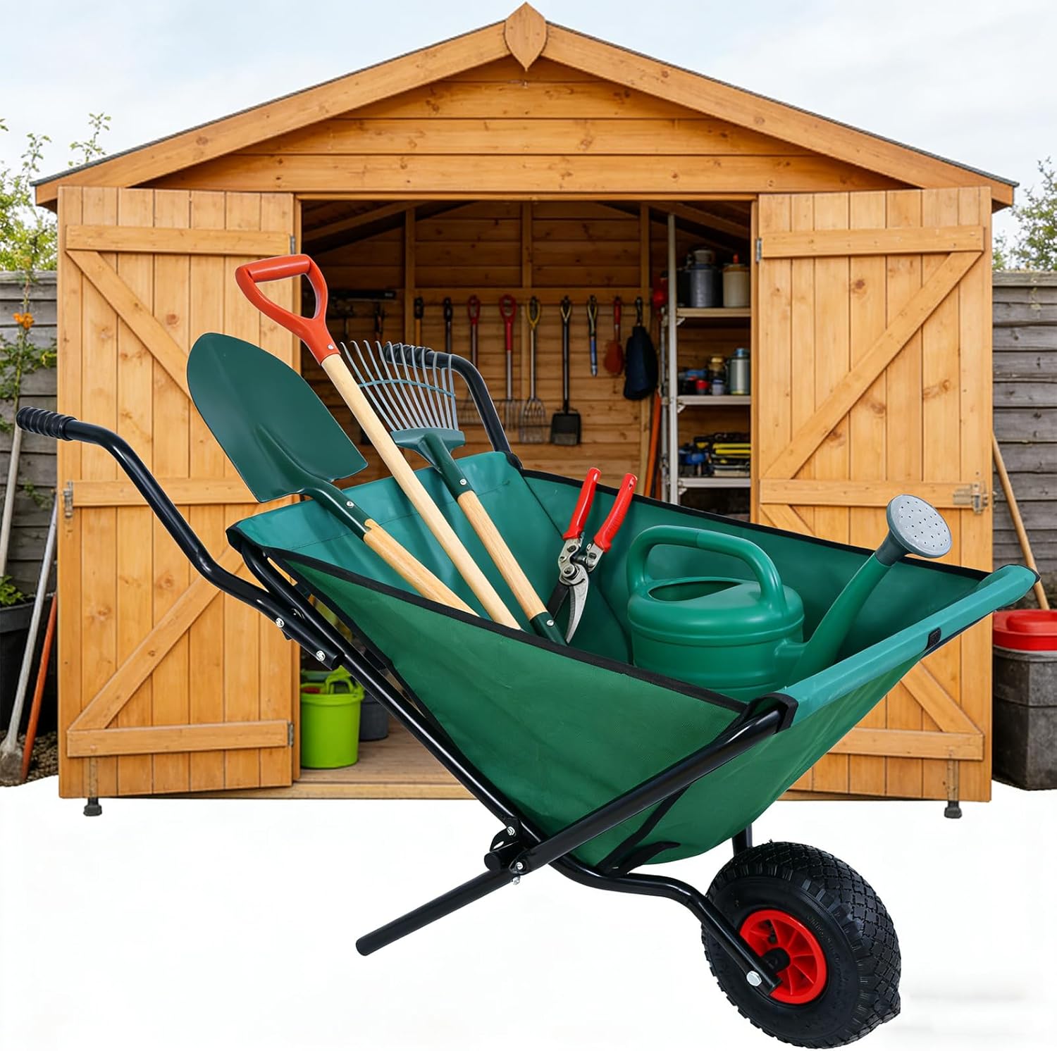 Collapsible Wheelbarrow with 10 Inch Pneumatic Tire, 176 lb Capacity Folding Wheelbarrow with Durable Oxford Fabric, Small Garden Cart for Yard Work, Soil, Mulch & Leaves, Green