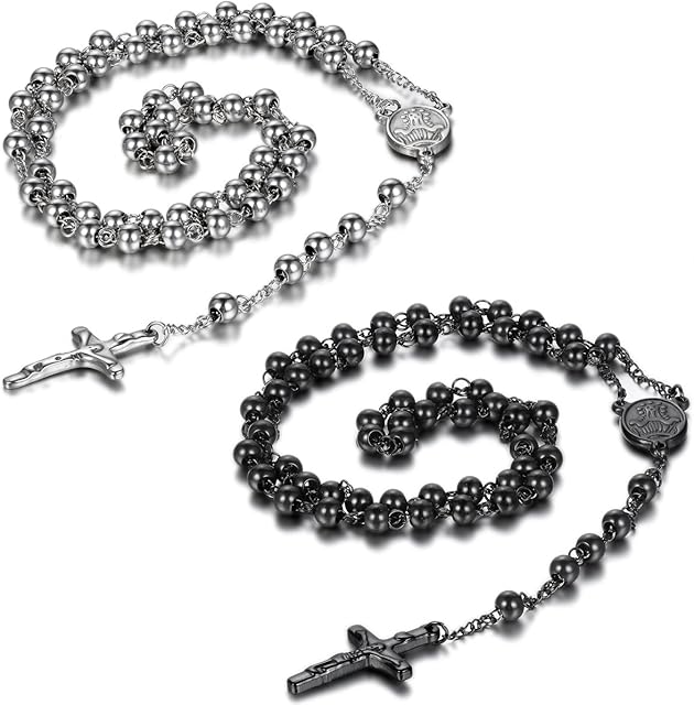 JewelryWe New Gold Stainless Steel Rosary Beads Necklace with Crucifix Cross Pendant 36.6 Inch Chain, 8mm Beads