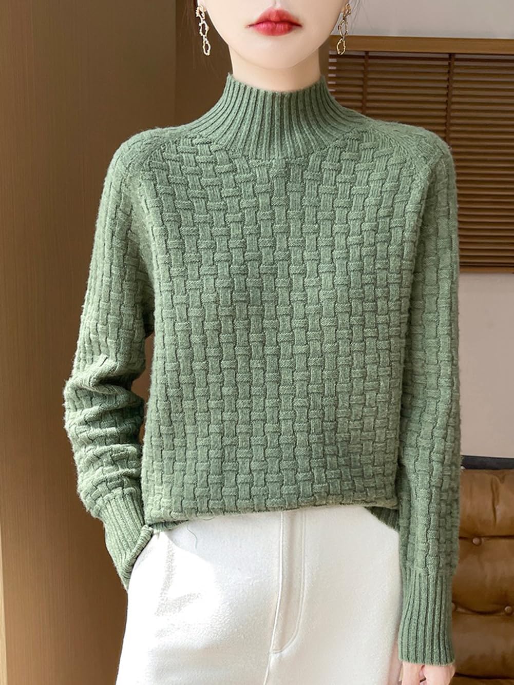 100% Merino Wool Sweaters for Women's Fall Winter Knitted Thick Pullover Long Sleeves Loose Warm Turtleneck(WQ703)